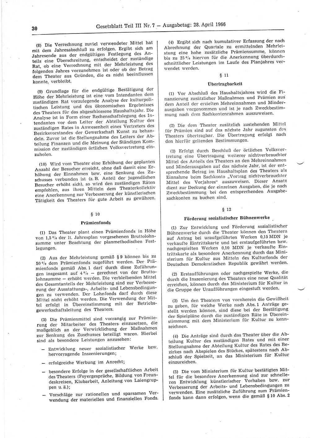 Gesetzblatt (GBl.) der Deutschen Demokratischen Republik (DDR) Teil ⅠⅠⅠ 1966, Seite 30 (GBl. DDR ⅠⅠⅠ 1966, S. 30)
