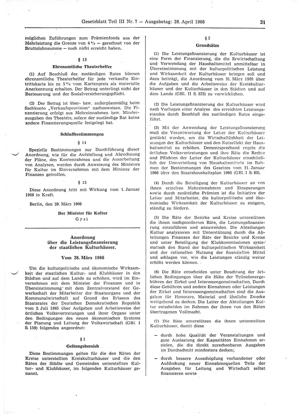 Gesetzblatt (GBl.) der Deutschen Demokratischen Republik (DDR) Teil ⅠⅠⅠ 1966, Seite 31 (GBl. DDR ⅠⅠⅠ 1966, S. 31)