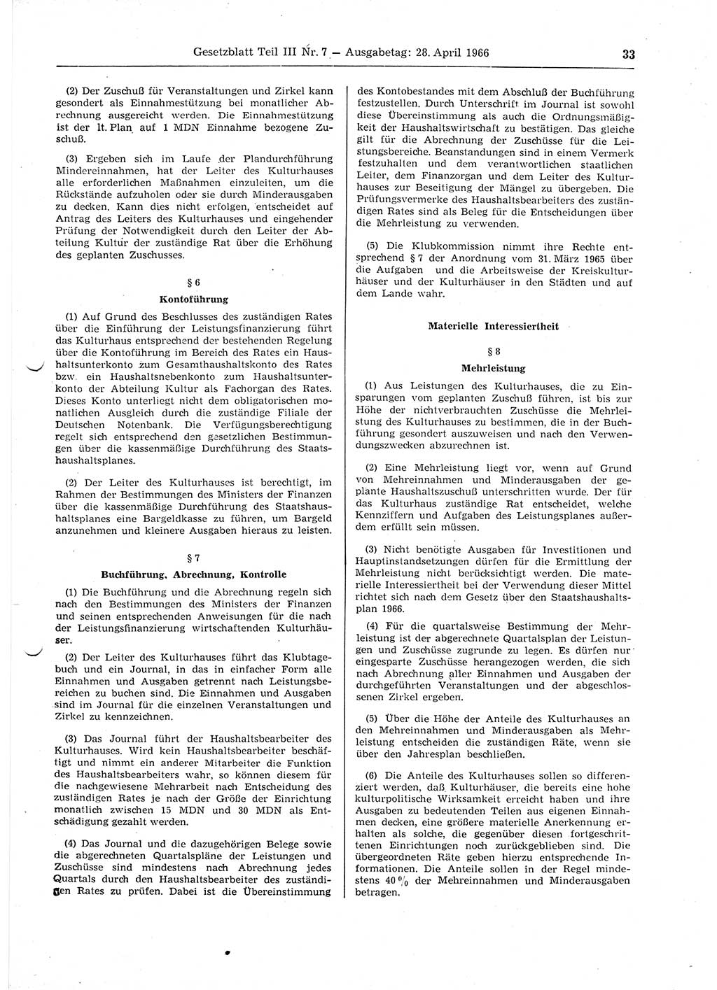 Gesetzblatt (GBl.) der Deutschen Demokratischen Republik (DDR) Teil ⅠⅠⅠ 1966, Seite 33 (GBl. DDR ⅠⅠⅠ 1966, S. 33)