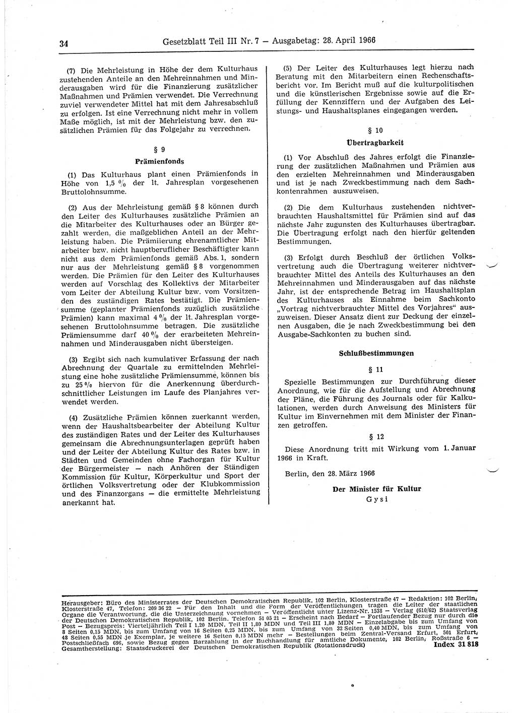 Gesetzblatt (GBl.) der Deutschen Demokratischen Republik (DDR) Teil ⅠⅠⅠ 1966, Seite 34 (GBl. DDR ⅠⅠⅠ 1966, S. 34)