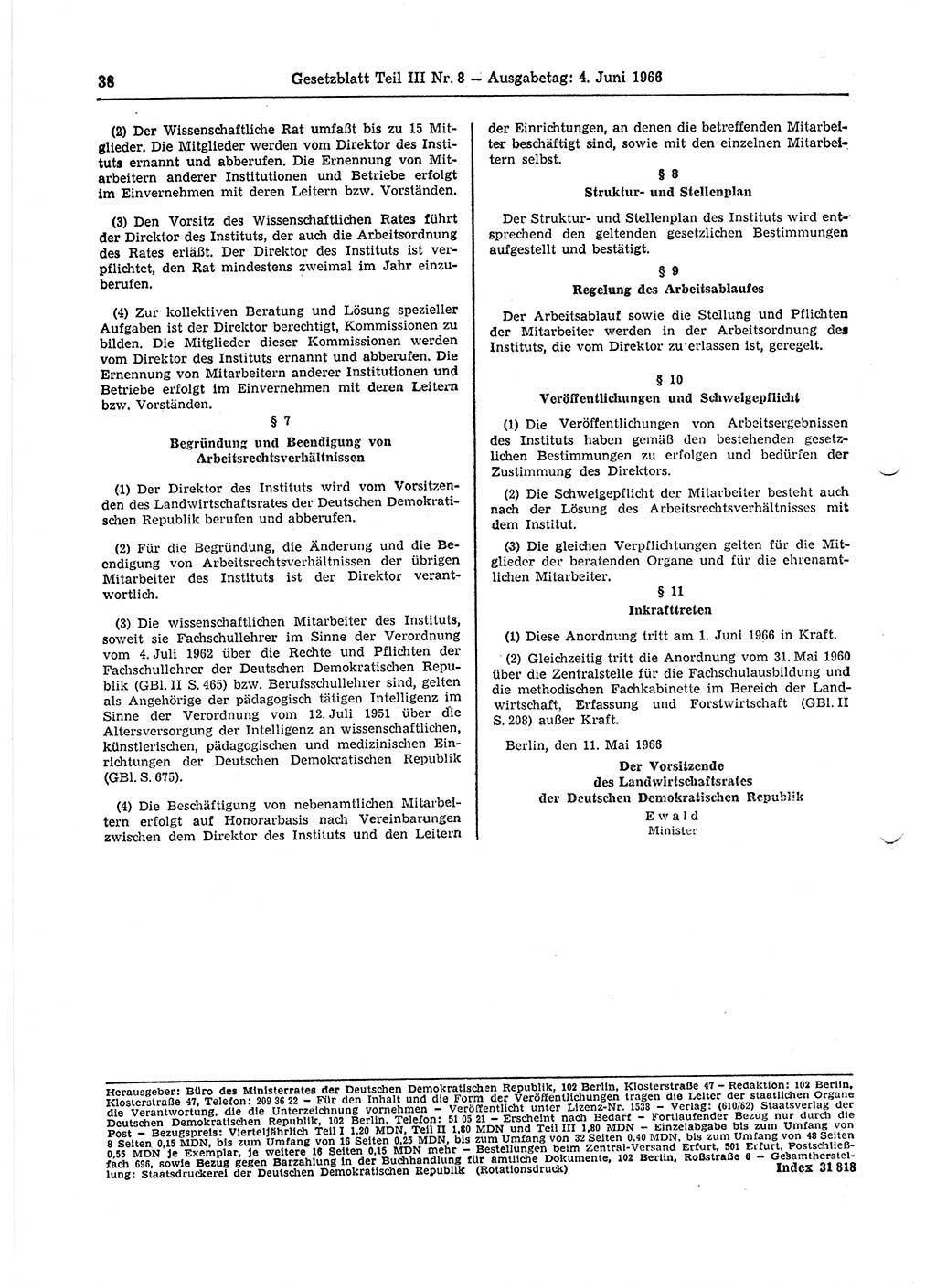 Gesetzblatt (GBl.) der Deutschen Demokratischen Republik (DDR) Teil ⅠⅠⅠ 1966, Seite 38 (GBl. DDR ⅠⅠⅠ 1966, S. 38)