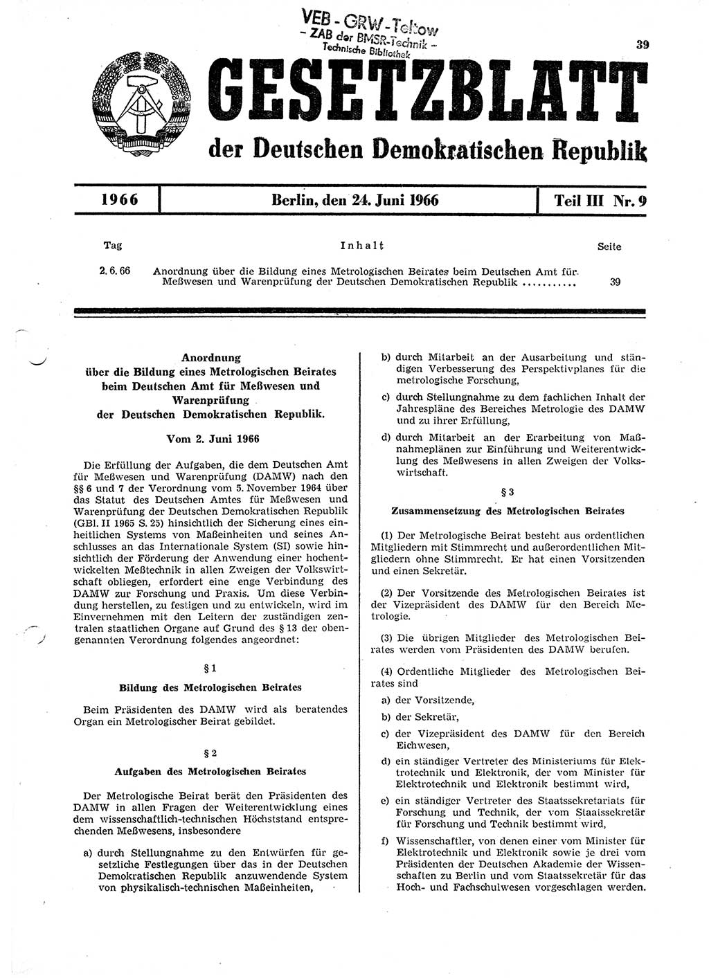 Gesetzblatt (GBl.) der Deutschen Demokratischen Republik (DDR) Teil ⅠⅠⅠ 1966, Seite 39 (GBl. DDR ⅠⅠⅠ 1966, S. 39)