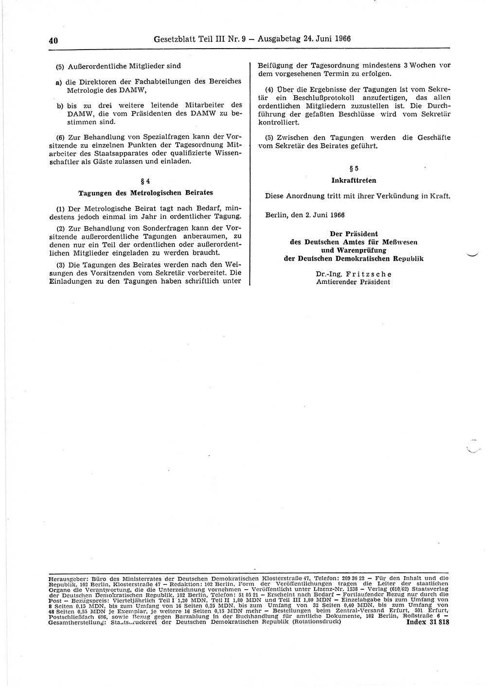 Gesetzblatt (GBl.) der Deutschen Demokratischen Republik (DDR) Teil ⅠⅠⅠ 1966, Seite 40 (GBl. DDR ⅠⅠⅠ 1966, S. 40)