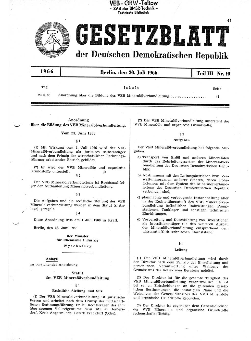 Gesetzblatt (GBl.) der Deutschen Demokratischen Republik (DDR) Teil ⅠⅠⅠ 1966, Seite 41 (GBl. DDR ⅠⅠⅠ 1966, S. 41)
