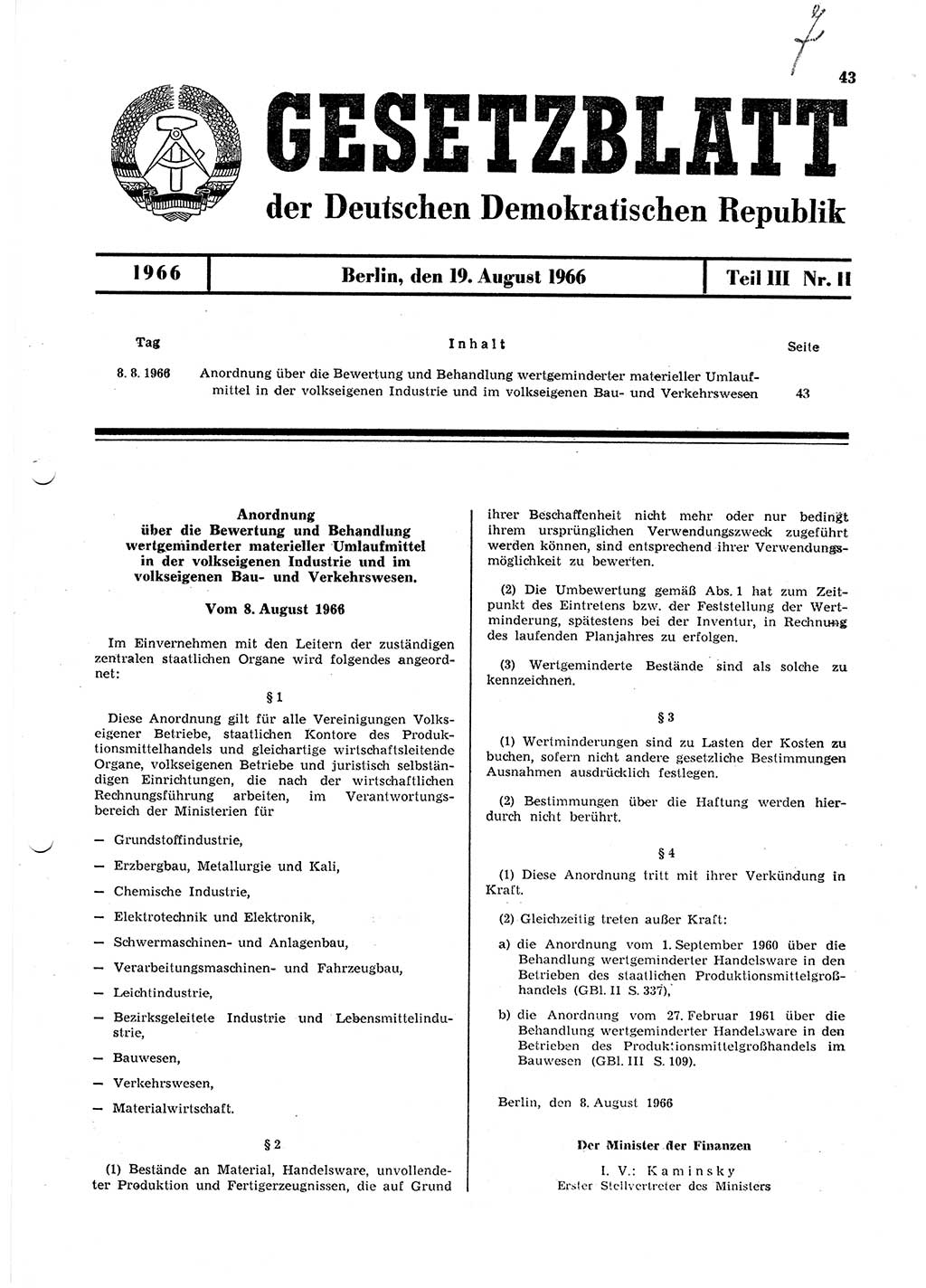 Gesetzblatt (GBl.) der Deutschen Demokratischen Republik (DDR) Teil ⅠⅠⅠ 1966, Seite 43 (GBl. DDR ⅠⅠⅠ 1966, S. 43)