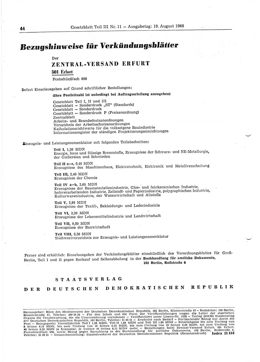 Gesetzblatt (GBl.) der Deutschen Demokratischen Republik (DDR) Teil ⅠⅠⅠ 1966, Seite 44 (GBl. DDR ⅠⅠⅠ 1966, S. 44)