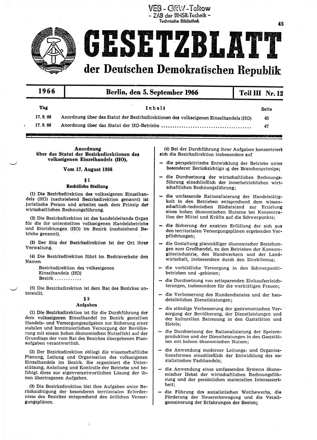 Gesetzblatt (GBl.) der Deutschen Demokratischen Republik (DDR) Teil ⅠⅠⅠ 1966, Seite 45 (GBl. DDR ⅠⅠⅠ 1966, S. 45)