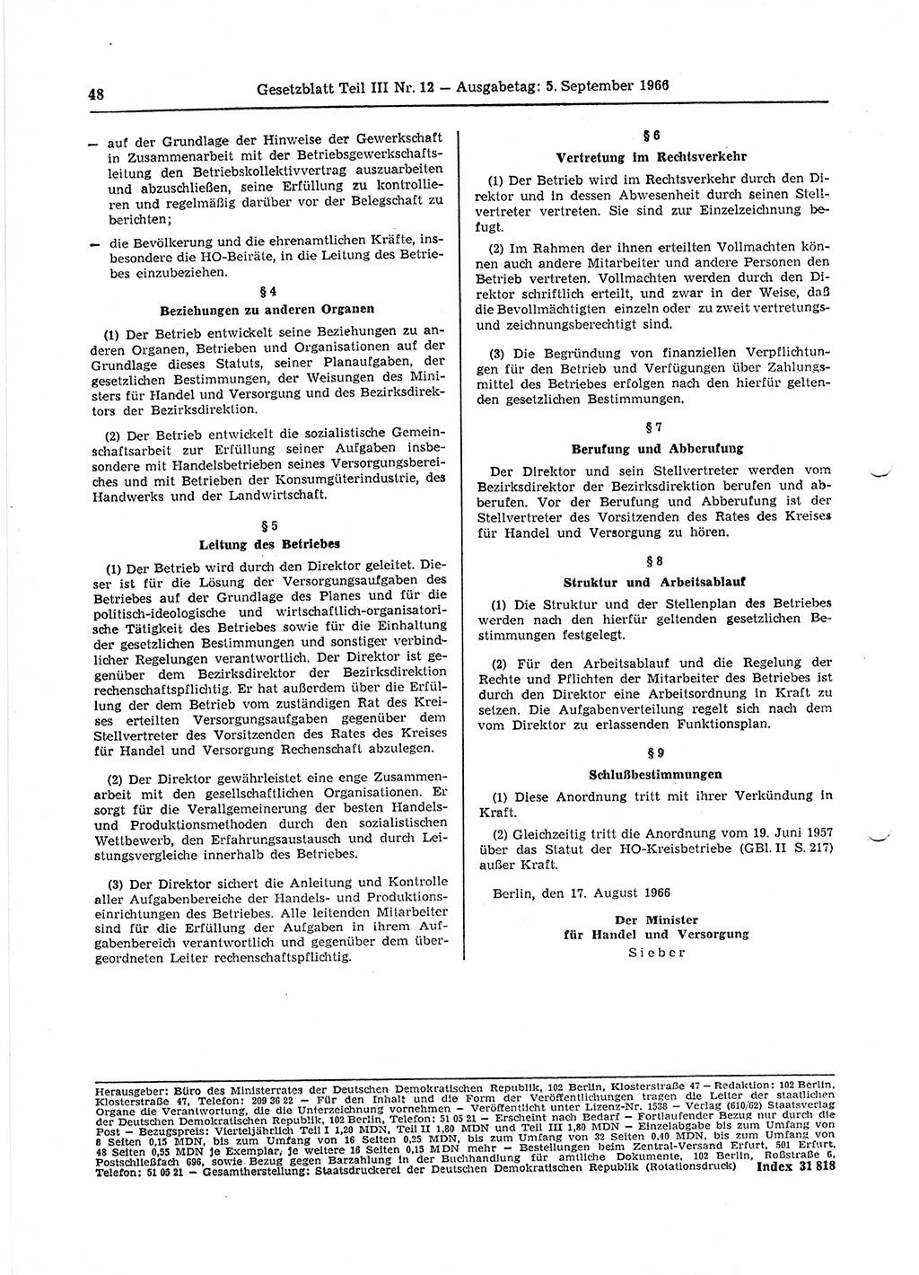 Gesetzblatt (GBl.) der Deutschen Demokratischen Republik (DDR) Teil ⅠⅠⅠ 1966, Seite 48 (GBl. DDR ⅠⅠⅠ 1966, S. 48)