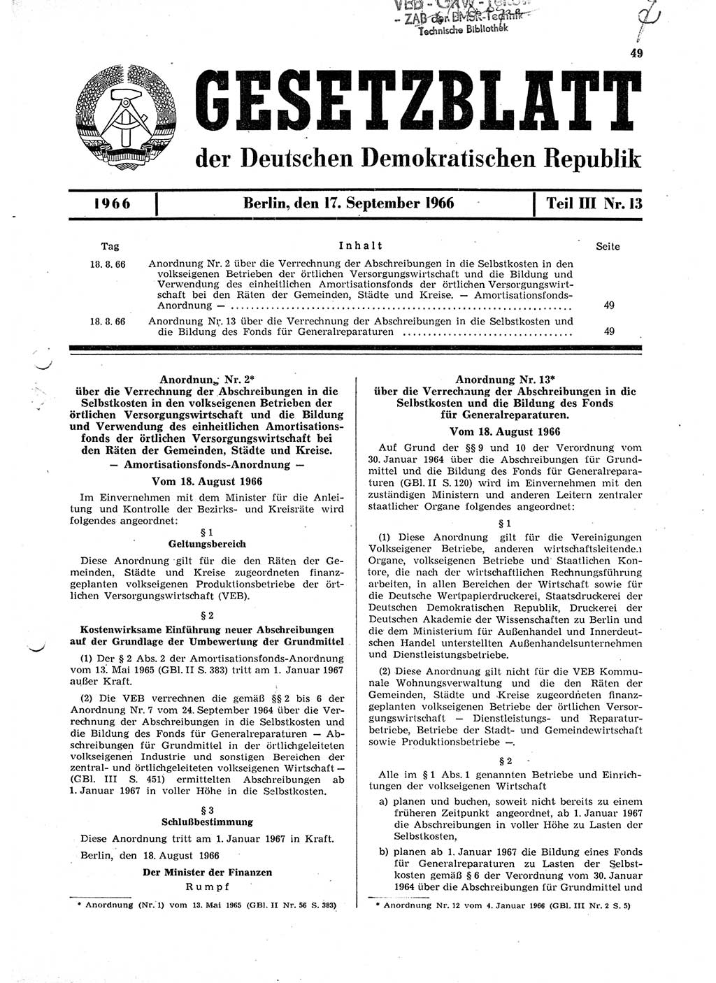 Gesetzblatt (GBl.) der Deutschen Demokratischen Republik (DDR) Teil ⅠⅠⅠ 1966, Seite 49 (GBl. DDR ⅠⅠⅠ 1966, S. 49)
