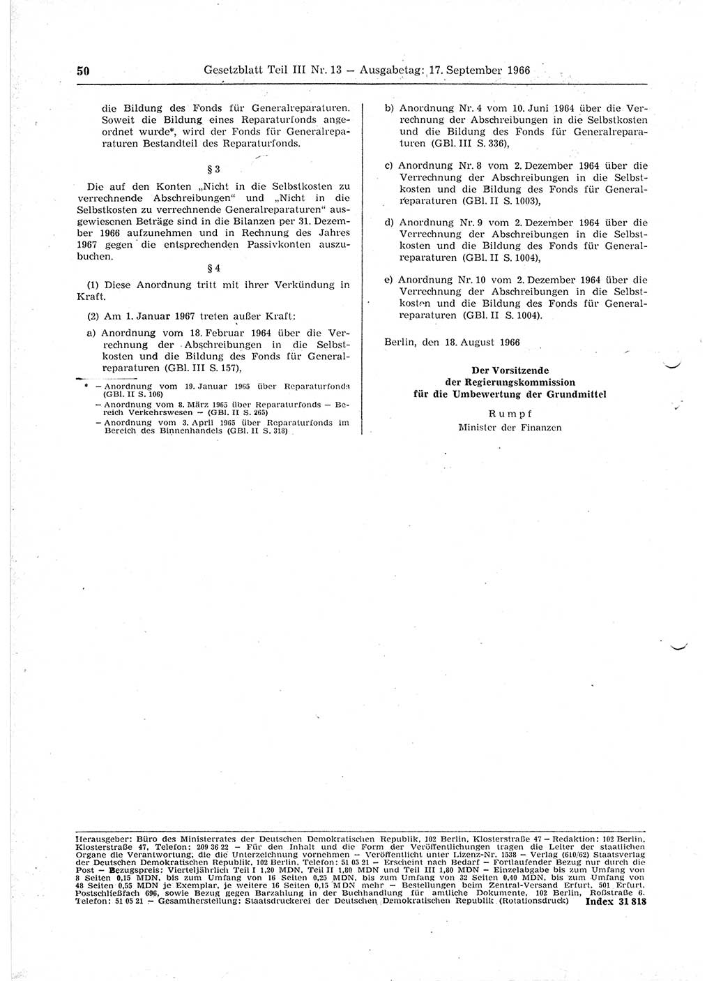 Gesetzblatt (GBl.) der Deutschen Demokratischen Republik (DDR) Teil ⅠⅠⅠ 1966, Seite 50 (GBl. DDR ⅠⅠⅠ 1966, S. 50)