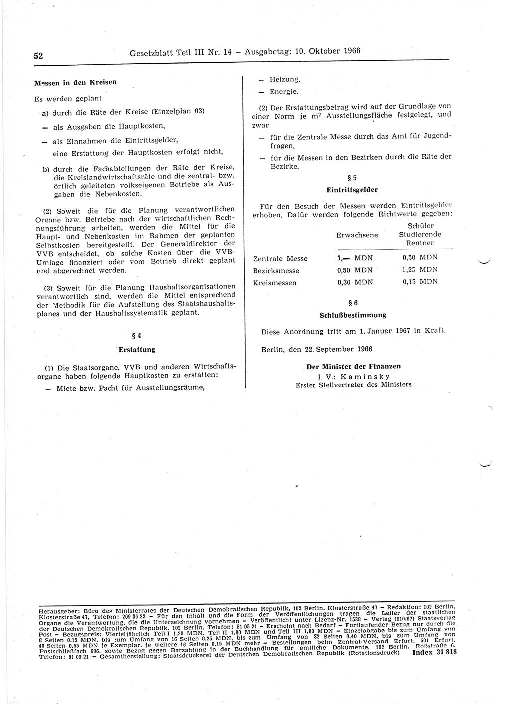 Gesetzblatt (GBl.) der Deutschen Demokratischen Republik (DDR) Teil ⅠⅠⅠ 1966, Seite 52 (GBl. DDR ⅠⅠⅠ 1966, S. 52)
