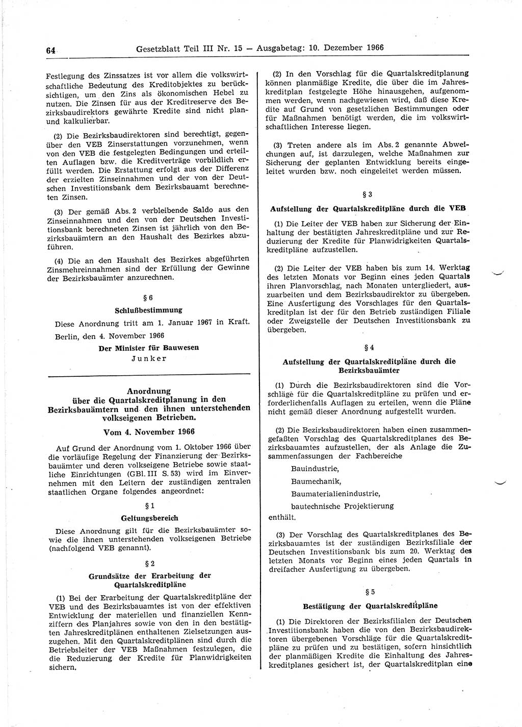 Gesetzblatt (GBl.) der Deutschen Demokratischen Republik (DDR) Teil ⅠⅠⅠ 1966, Seite 64 (GBl. DDR ⅠⅠⅠ 1966, S. 64)