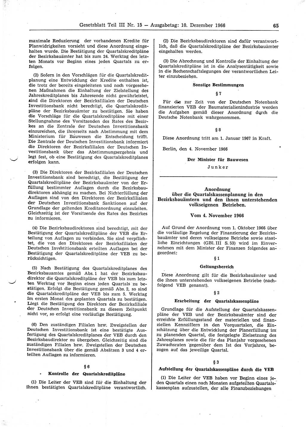 Gesetzblatt (GBl.) der Deutschen Demokratischen Republik (DDR) Teil ⅠⅠⅠ 1966, Seite 65 (GBl. DDR ⅠⅠⅠ 1966, S. 65)