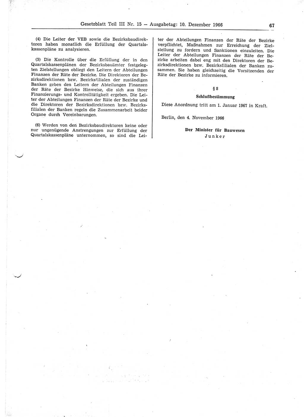 Gesetzblatt (GBl.) der Deutschen Demokratischen Republik (DDR) Teil ⅠⅠⅠ 1966, Seite 67 (GBl. DDR ⅠⅠⅠ 1966, S. 67)