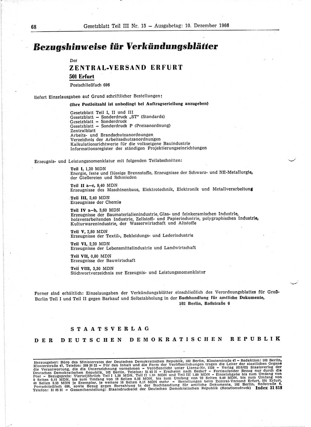 Gesetzblatt (GBl.) der Deutschen Demokratischen Republik (DDR) Teil ⅠⅠⅠ 1966, Seite 68 (GBl. DDR ⅠⅠⅠ 1966, S. 68)