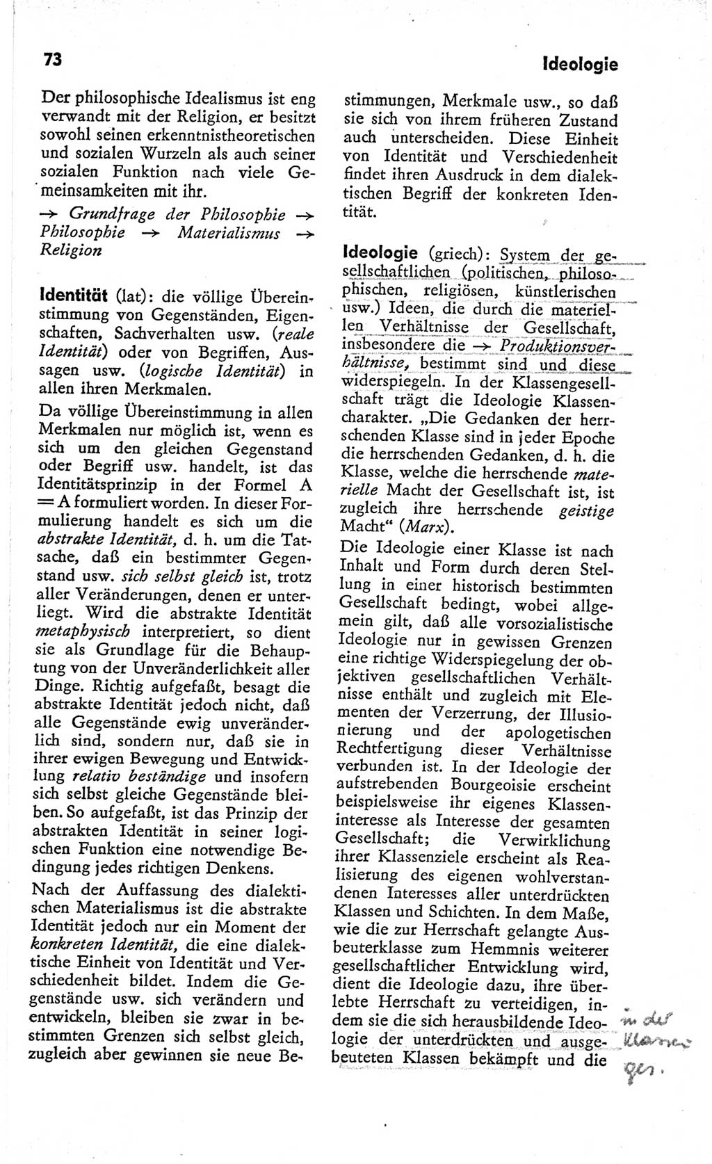 Kleines Wörterbuch der marxistisch-leninistischen Philosophie [Deutsche Demokratische Republik (DDR)] 1966, Seite 73 (Kl. Wb. ML Phil. DDR 1966, S. 73)