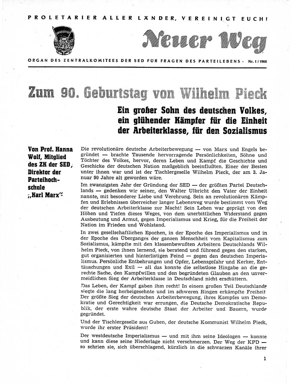 Neuer Weg (NW), Organ des Zentralkomitees (ZK) der SED (Sozialistische Einheitspartei Deutschlands) für Fragen des Parteilebens, 21. Jahrgang [Deutsche Demokratische Republik (DDR)] 1966, Seite 1 (NW ZK SED DDR 1966, S. 1)