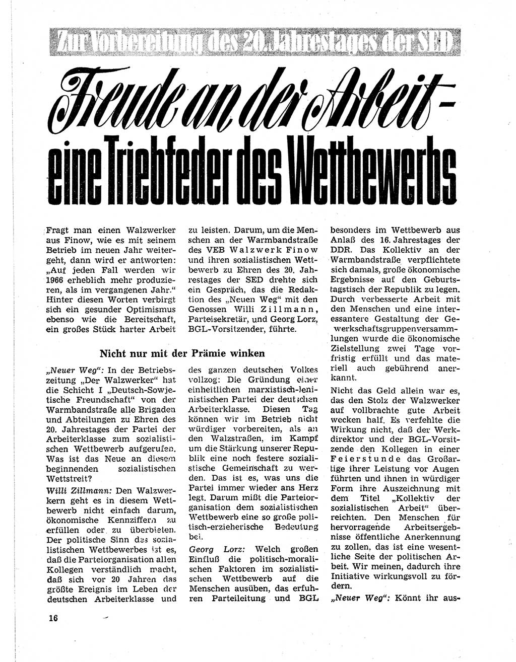 Neuer Weg (NW), Organ des Zentralkomitees (ZK) der SED (Sozialistische Einheitspartei Deutschlands) für Fragen des Parteilebens, 21. Jahrgang [Deutsche Demokratische Republik (DDR)] 1966, Seite 16 (NW ZK SED DDR 1966, S. 16)