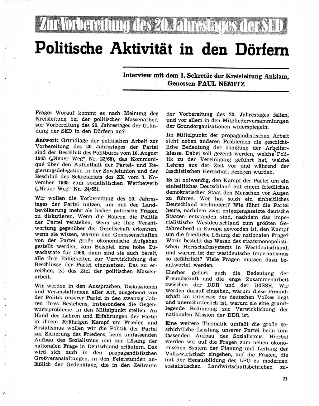 Neuer Weg (NW), Organ des Zentralkomitees (ZK) der SED (Sozialistische Einheitspartei Deutschlands) für Fragen des Parteilebens, 21. Jahrgang [Deutsche Demokratische Republik (DDR)] 1966, Seite 21 (NW ZK SED DDR 1966, S. 21)