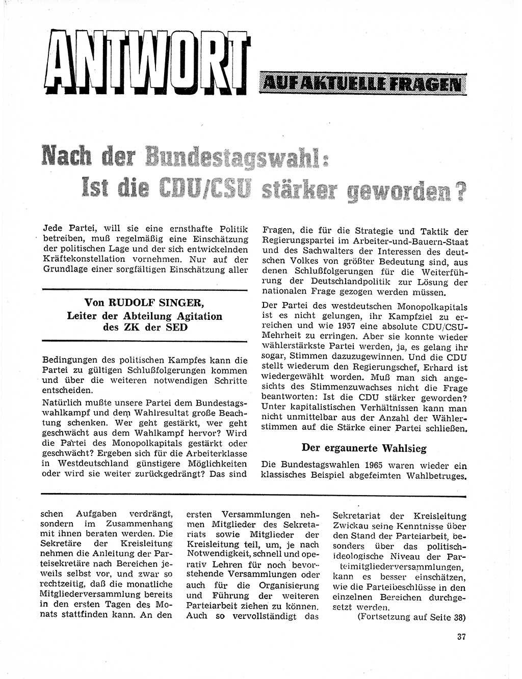 Neuer Weg (NW), Organ des Zentralkomitees (ZK) der SED (Sozialistische Einheitspartei Deutschlands) für Fragen des Parteilebens, 21. Jahrgang [Deutsche Demokratische Republik (DDR)] 1966, Seite 37 (NW ZK SED DDR 1966, S. 37)