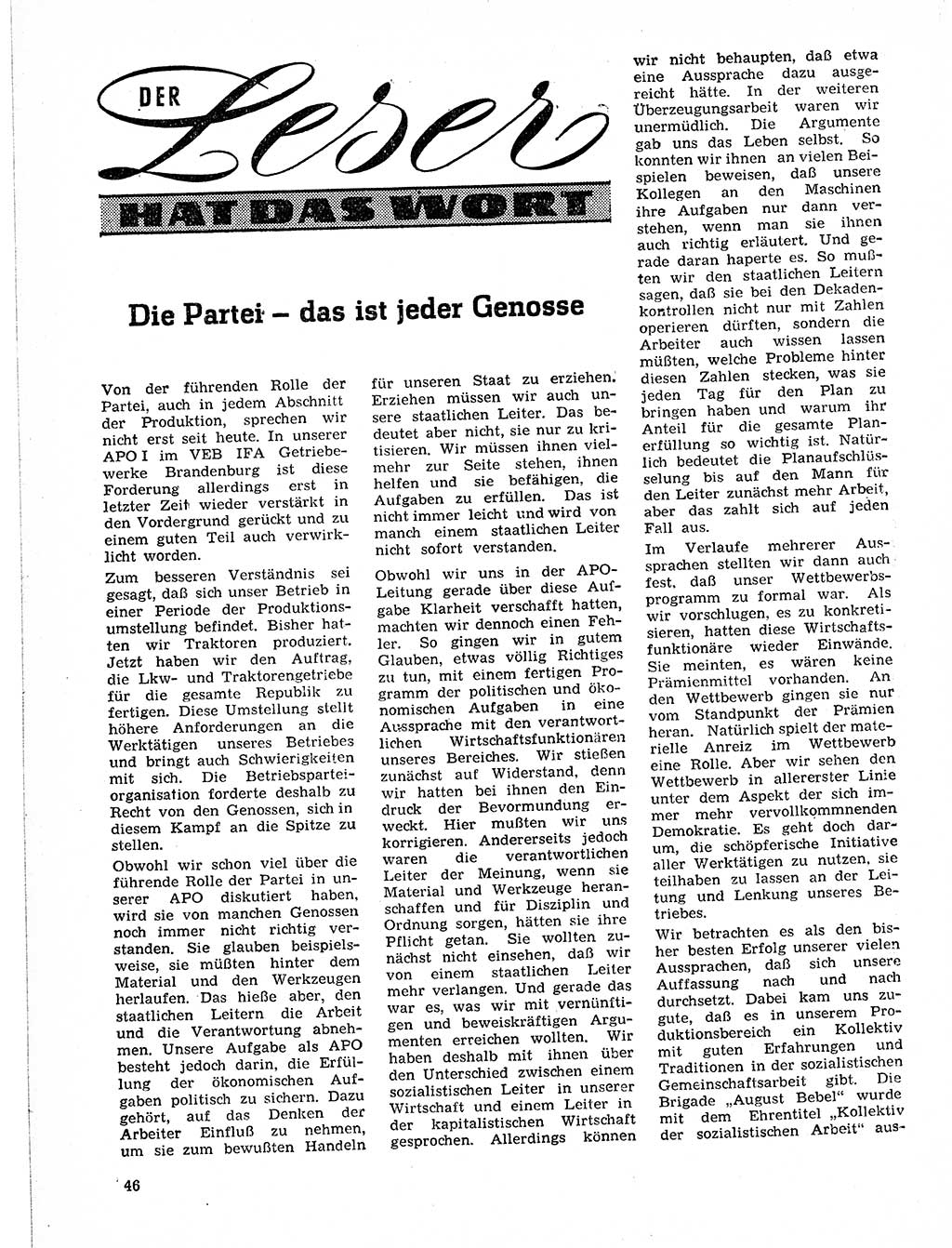 Neuer Weg (NW), Organ des Zentralkomitees (ZK) der SED (Sozialistische Einheitspartei Deutschlands) für Fragen des Parteilebens, 21. Jahrgang [Deutsche Demokratische Republik (DDR)] 1966, Seite 46 (NW ZK SED DDR 1966, S. 46)