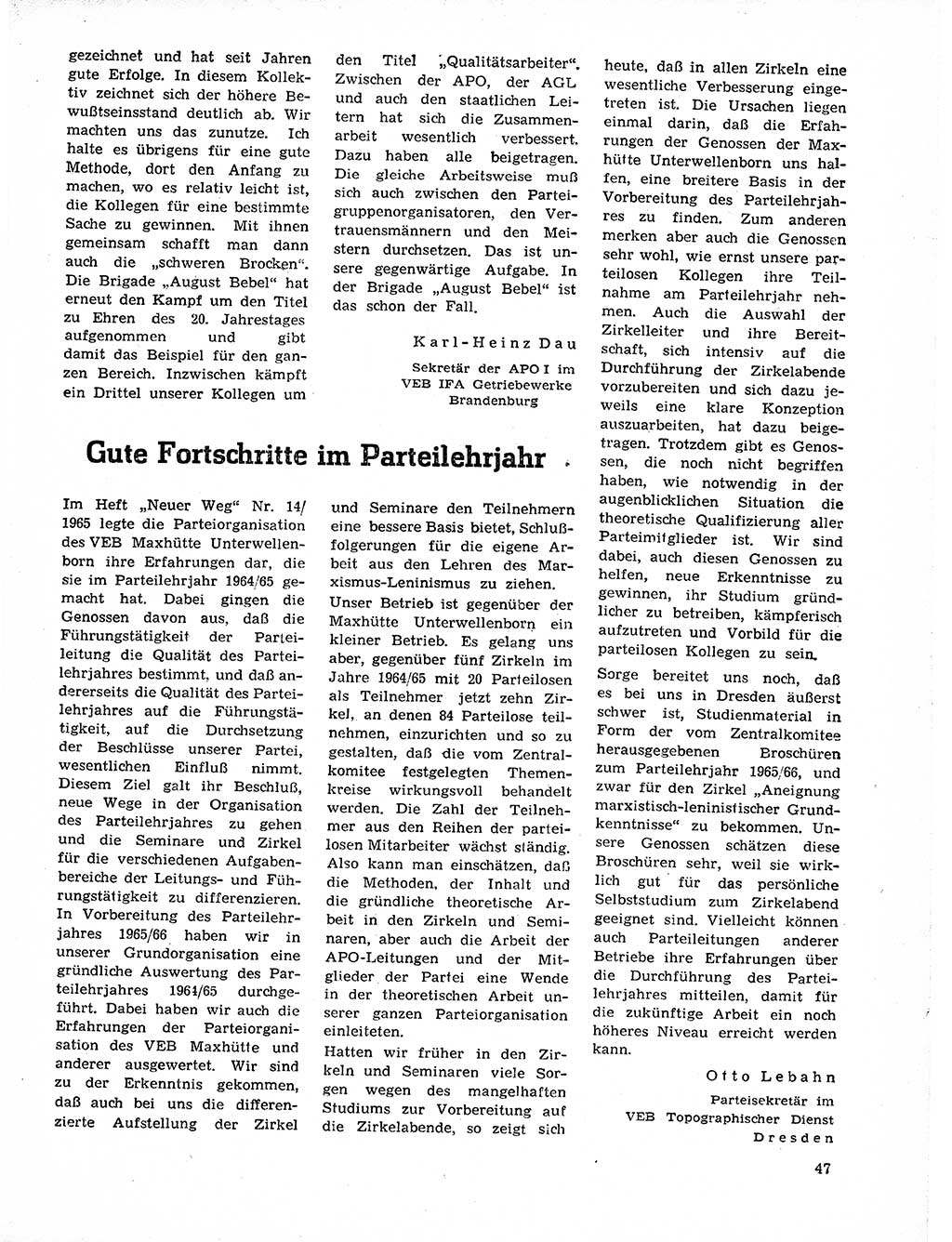Neuer Weg (NW), Organ des Zentralkomitees (ZK) der SED (Sozialistische Einheitspartei Deutschlands) für Fragen des Parteilebens, 21. Jahrgang [Deutsche Demokratische Republik (DDR)] 1966, Seite 47 (NW ZK SED DDR 1966, S. 47)