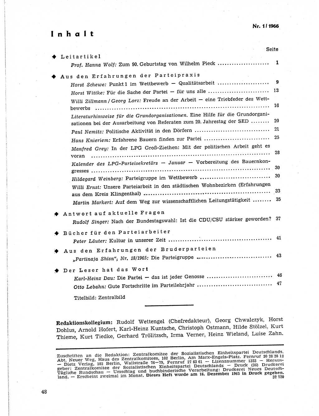 Neuer Weg (NW), Organ des Zentralkomitees (ZK) der SED (Sozialistische Einheitspartei Deutschlands) für Fragen des Parteilebens, 21. Jahrgang [Deutsche Demokratische Republik (DDR)] 1966, Seite 48 (NW ZK SED DDR 1966, S. 48)