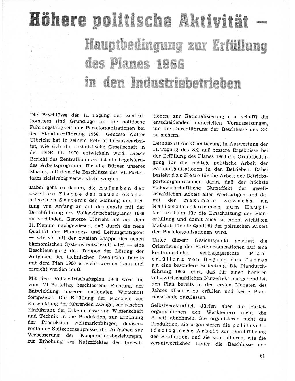 Neuer Weg (NW), Organ des Zentralkomitees (ZK) der SED (Sozialistische Einheitspartei Deutschlands) für Fragen des Parteilebens, 21. Jahrgang [Deutsche Demokratische Republik (DDR)] 1966, Seite 61 (NW ZK SED DDR 1966, S. 61)