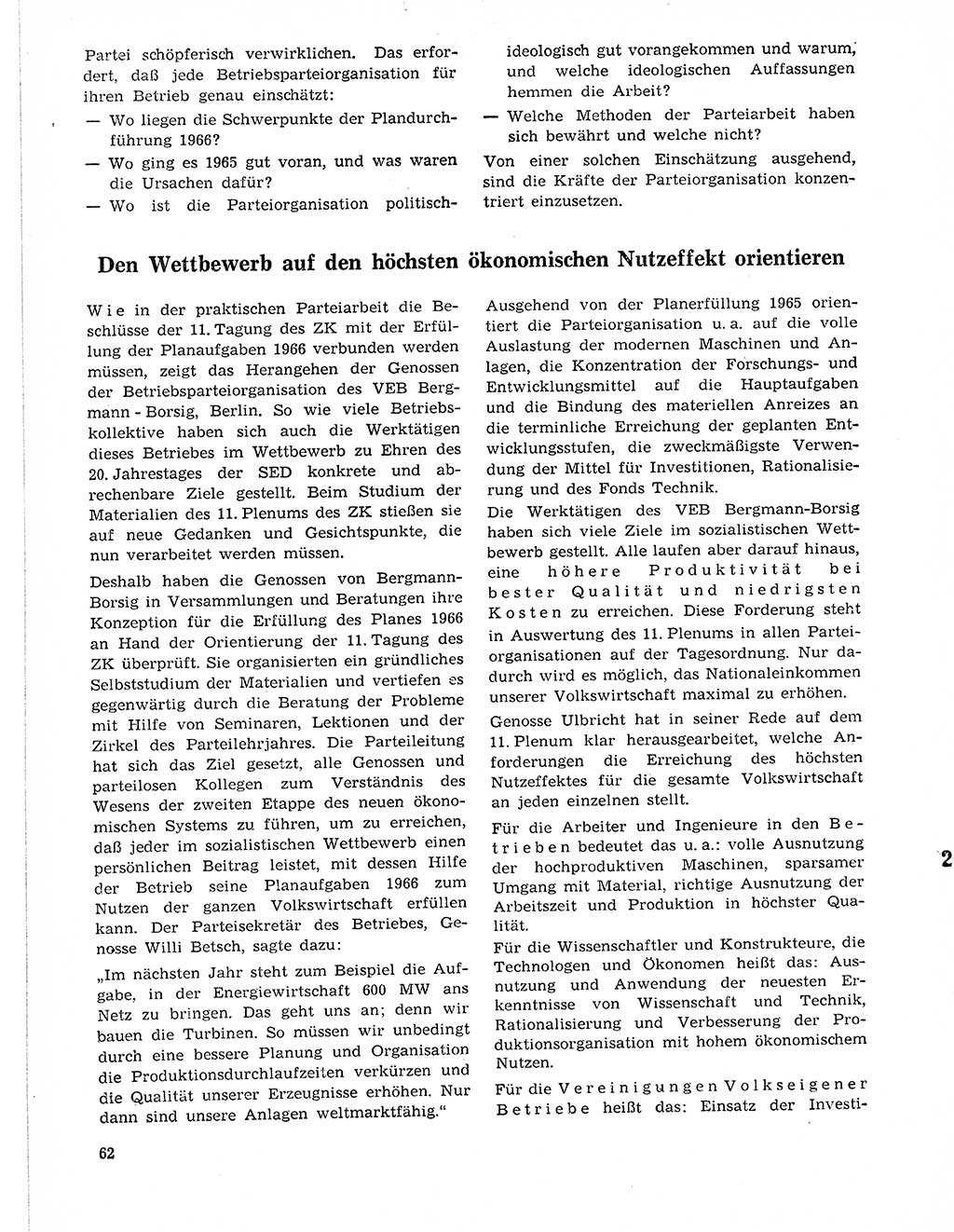 Neuer Weg (NW), Organ des Zentralkomitees (ZK) der SED (Sozialistische Einheitspartei Deutschlands) für Fragen des Parteilebens, 21. Jahrgang [Deutsche Demokratische Republik (DDR)] 1966, Seite 62 (NW ZK SED DDR 1966, S. 62)