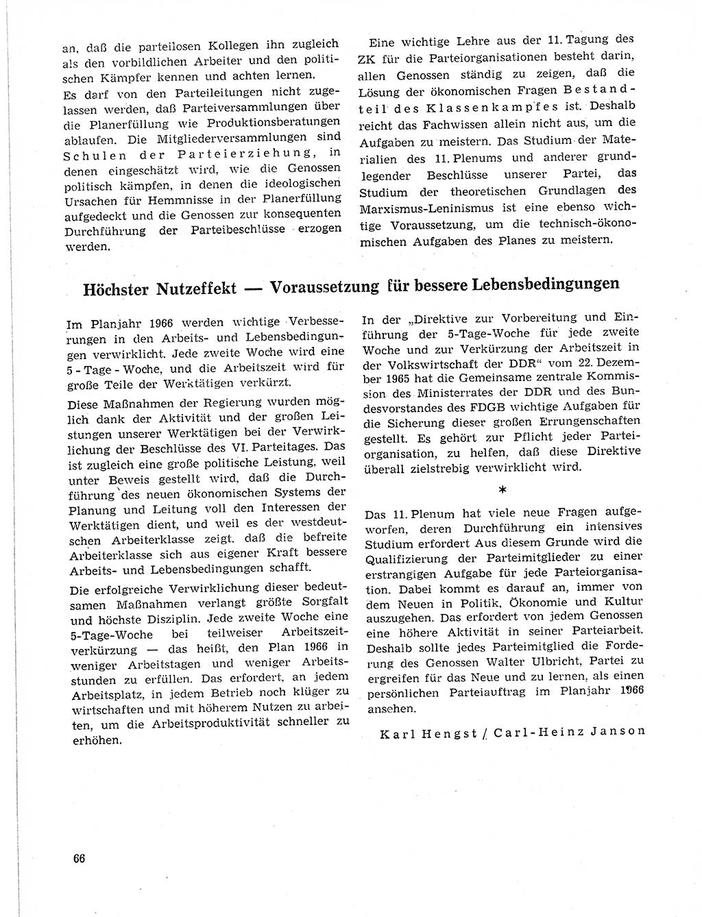 Neuer Weg (NW), Organ des Zentralkomitees (ZK) der SED (Sozialistische Einheitspartei Deutschlands) für Fragen des Parteilebens, 21. Jahrgang [Deutsche Demokratische Republik (DDR)] 1966, Seite 66 (NW ZK SED DDR 1966, S. 66)