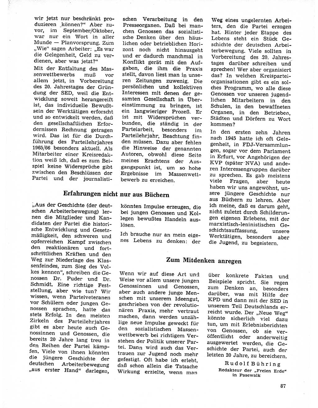 Neuer Weg (NW), Organ des Zentralkomitees (ZK) der SED (Sozialistische Einheitspartei Deutschlands) für Fragen des Parteilebens, 21. Jahrgang [Deutsche Demokratische Republik (DDR)] 1966, Seite 87 (NW ZK SED DDR 1966, S. 87)