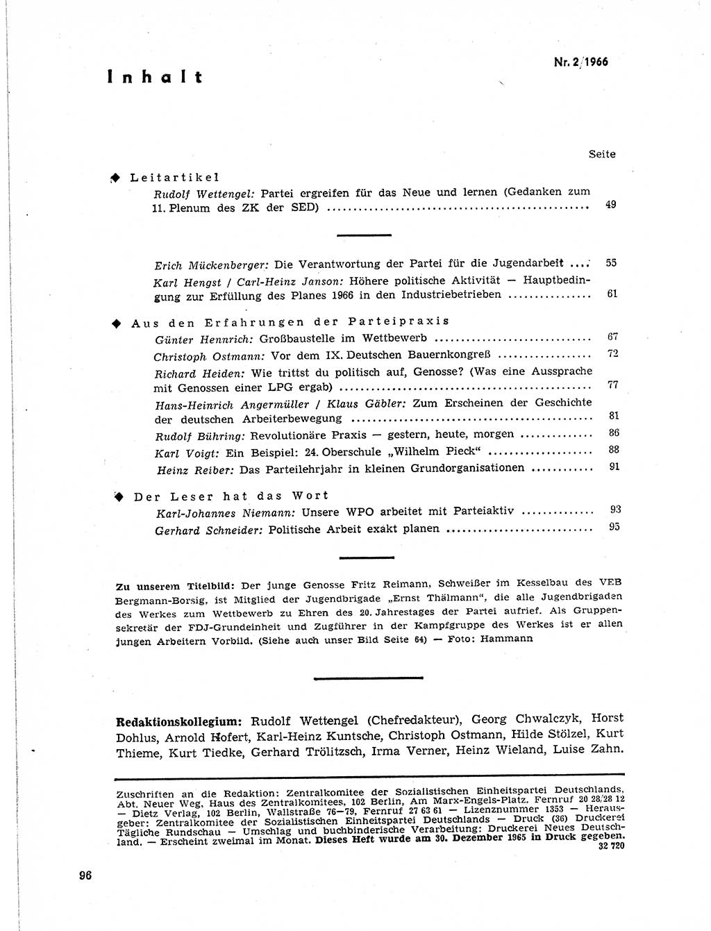Neuer Weg (NW), Organ des Zentralkomitees (ZK) der SED (Sozialistische Einheitspartei Deutschlands) für Fragen des Parteilebens, 21. Jahrgang [Deutsche Demokratische Republik (DDR)] 1966, Seite 96 (NW ZK SED DDR 1966, S. 96)
