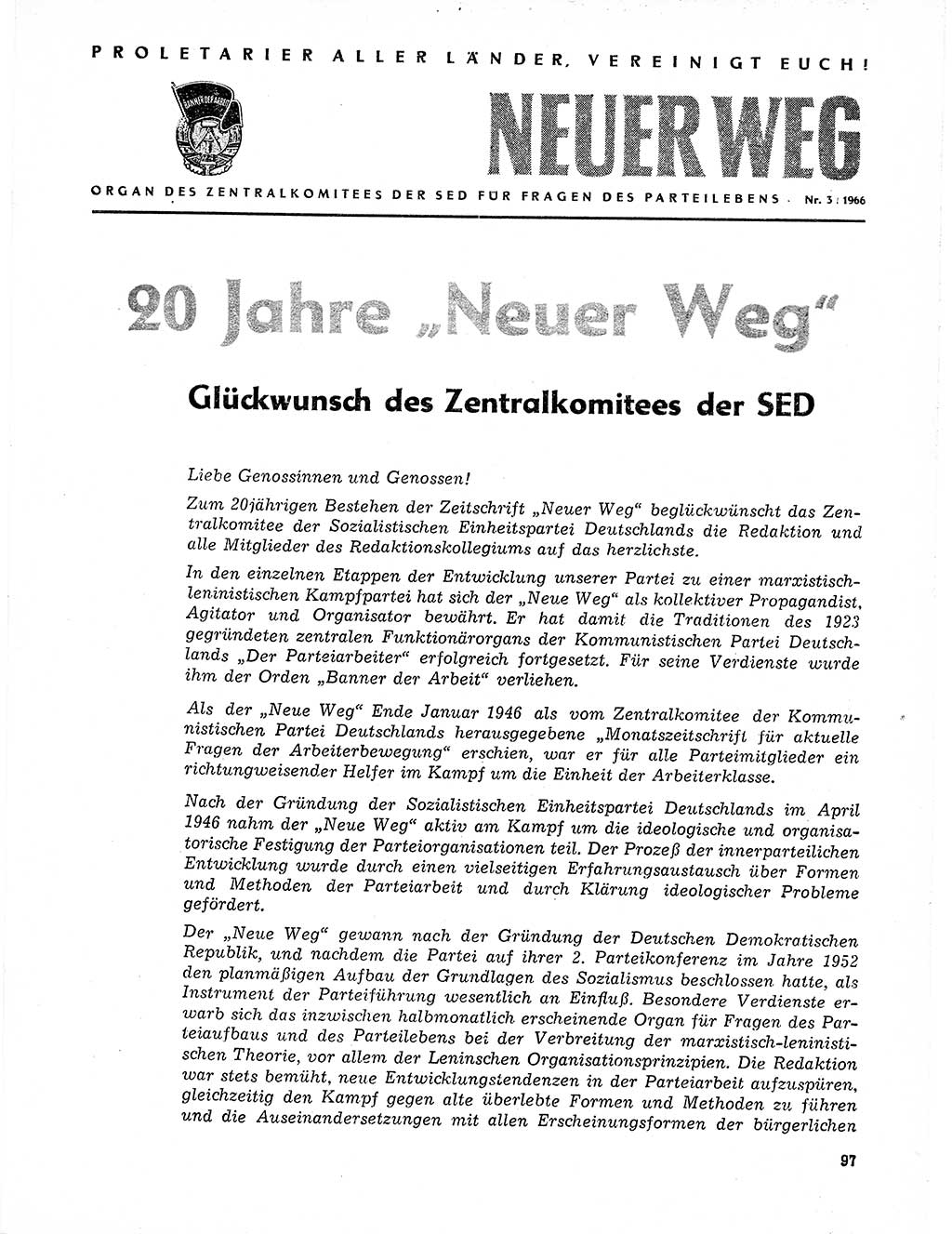 Neuer Weg (NW), Organ des Zentralkomitees (ZK) der SED (Sozialistische Einheitspartei Deutschlands) für Fragen des Parteilebens, 21. Jahrgang [Deutsche Demokratische Republik (DDR)] 1966, Seite 97 (NW ZK SED DDR 1966, S. 97)