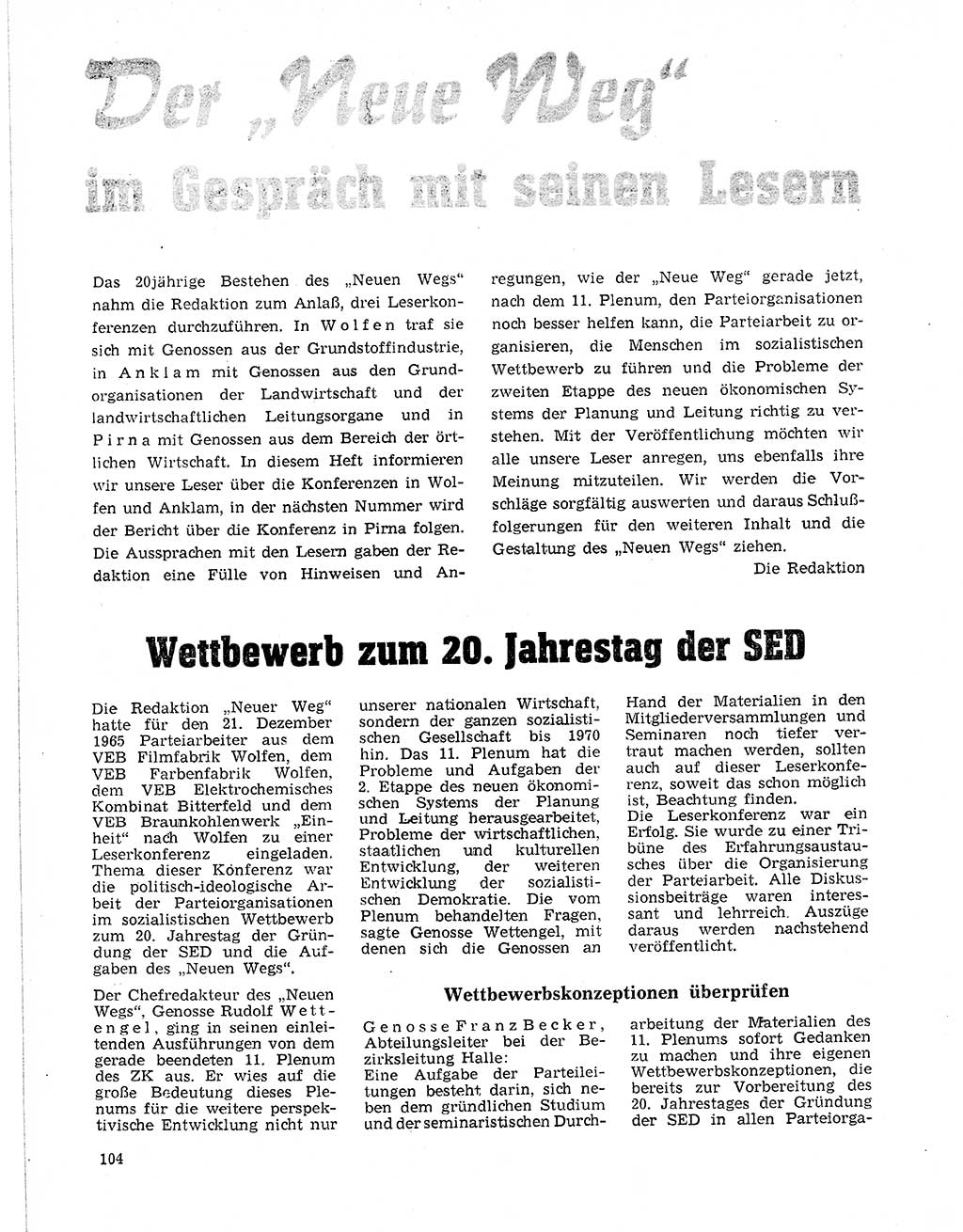 Neuer Weg (NW), Organ des Zentralkomitees (ZK) der SED (Sozialistische Einheitspartei Deutschlands) für Fragen des Parteilebens, 21. Jahrgang [Deutsche Demokratische Republik (DDR)] 1966, Seite 104 (NW ZK SED DDR 1966, S. 104)