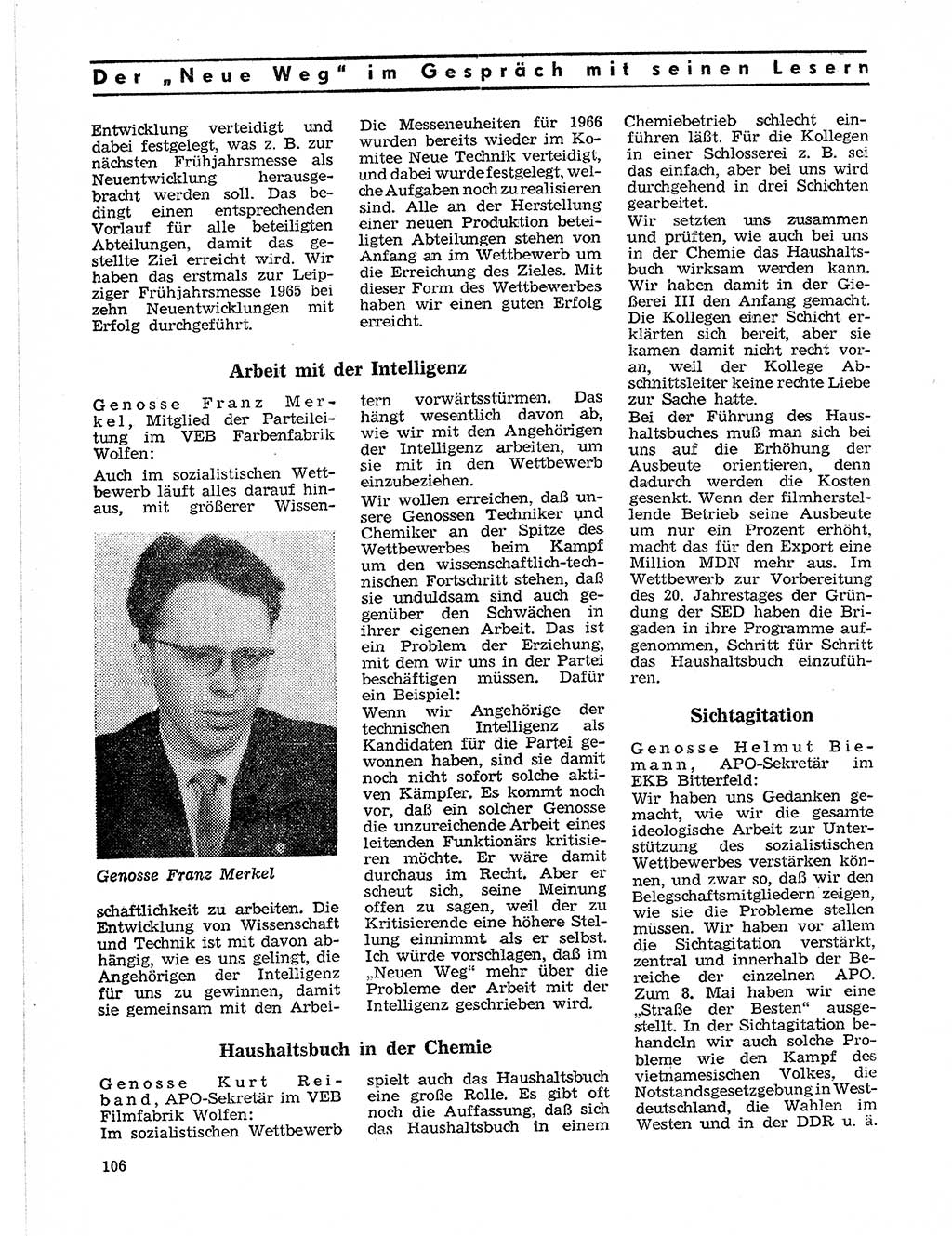 Neuer Weg (NW), Organ des Zentralkomitees (ZK) der SED (Sozialistische Einheitspartei Deutschlands) für Fragen des Parteilebens, 21. Jahrgang [Deutsche Demokratische Republik (DDR)] 1966, Seite 106 (NW ZK SED DDR 1966, S. 106)