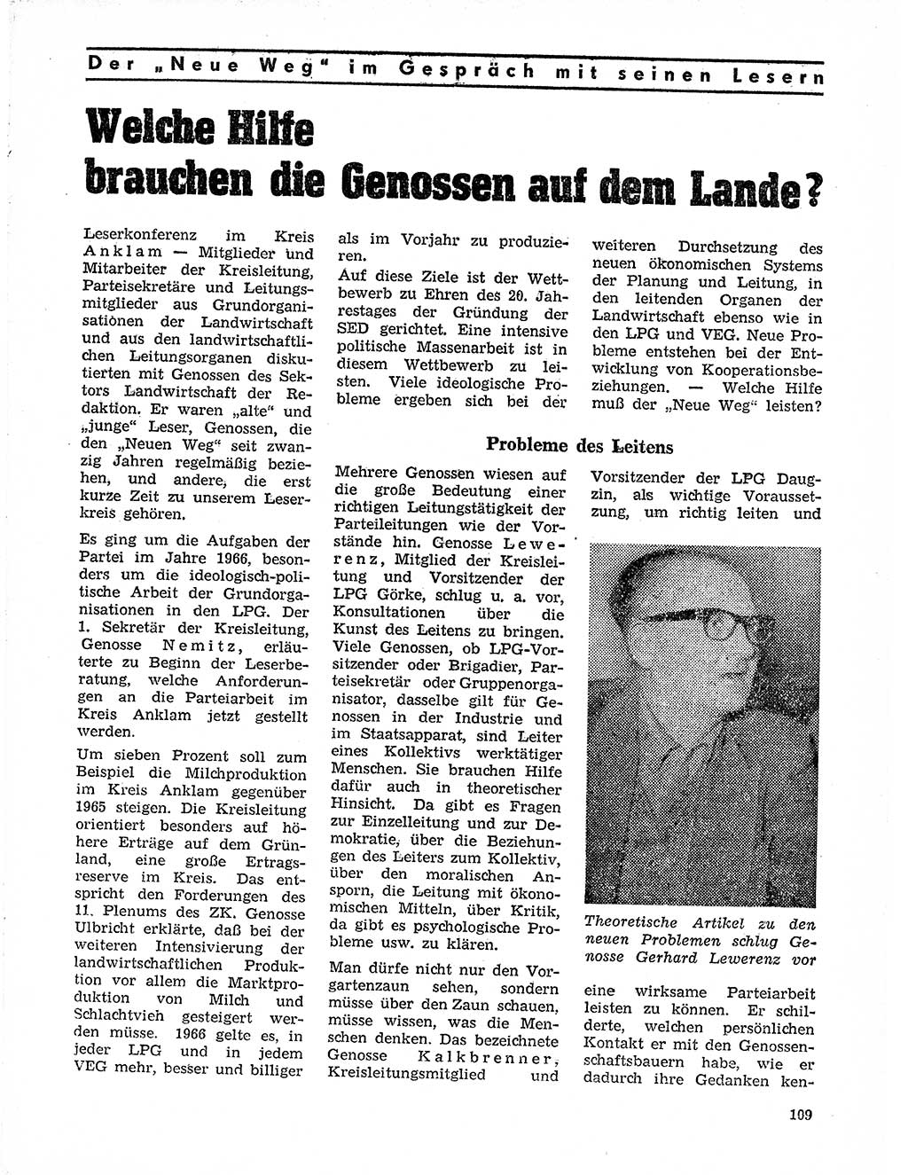 Neuer Weg (NW), Organ des Zentralkomitees (ZK) der SED (Sozialistische Einheitspartei Deutschlands) fÃ¼r Fragen des Parteilebens, 21. Jahrgang [Deutsche Demokratische Republik (DDR)] 1966, Seite 109 (NW ZK SED DDR 1966, S. 109)