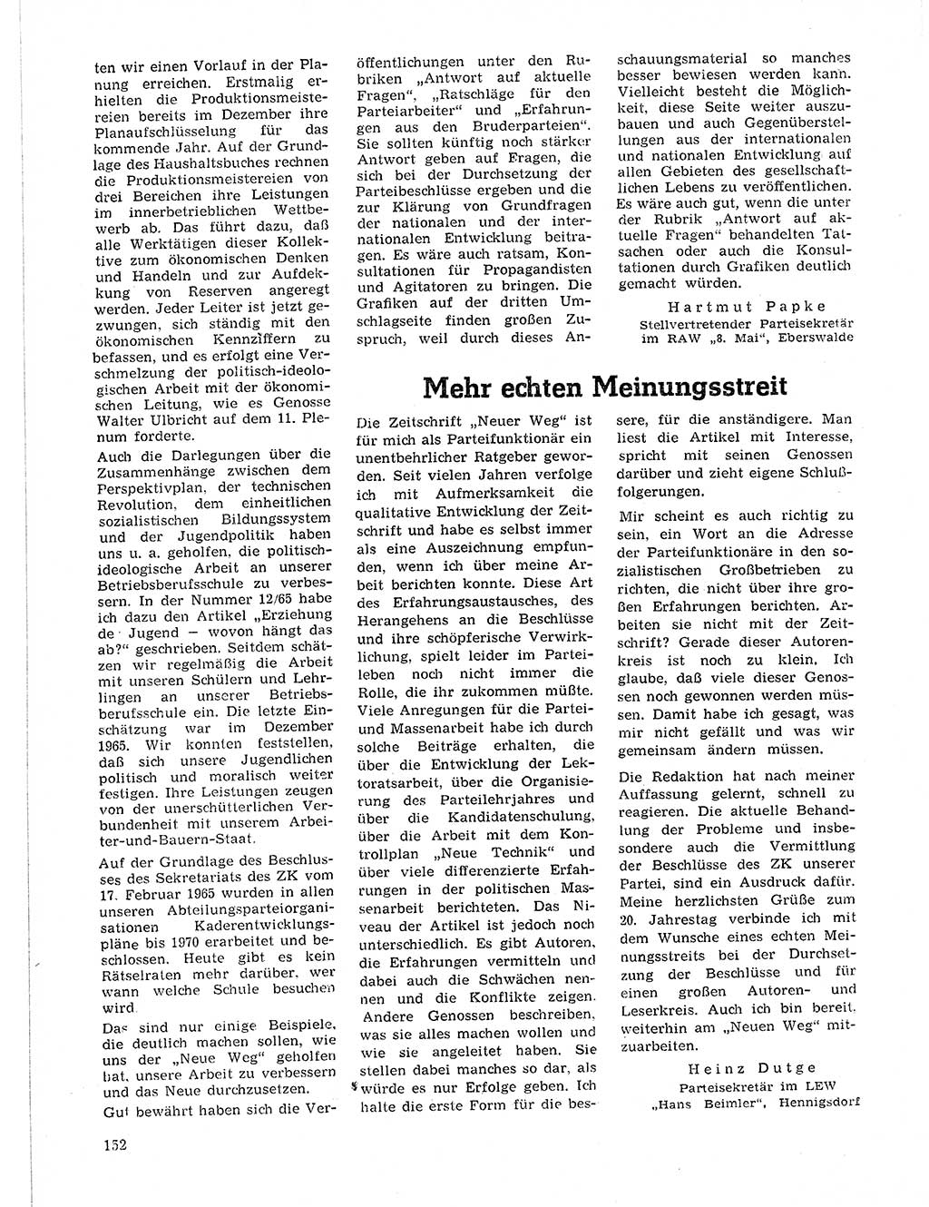 Neuer Weg (NW), Organ des Zentralkomitees (ZK) der SED (Sozialistische Einheitspartei Deutschlands) für Fragen des Parteilebens, 21. Jahrgang [Deutsche Demokratische Republik (DDR)] 1966, Seite 152 (NW ZK SED DDR 1966, S. 152)