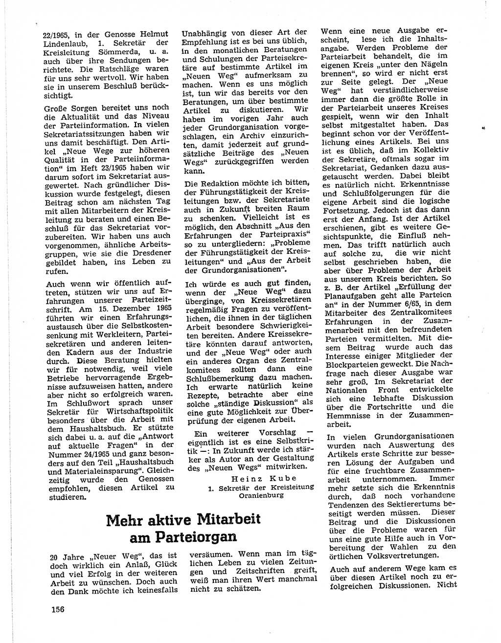 Neuer Weg (NW), Organ des Zentralkomitees (ZK) der SED (Sozialistische Einheitspartei Deutschlands) für Fragen des Parteilebens, 21. Jahrgang [Deutsche Demokratische Republik (DDR)] 1966, Seite 156 (NW ZK SED DDR 1966, S. 156)