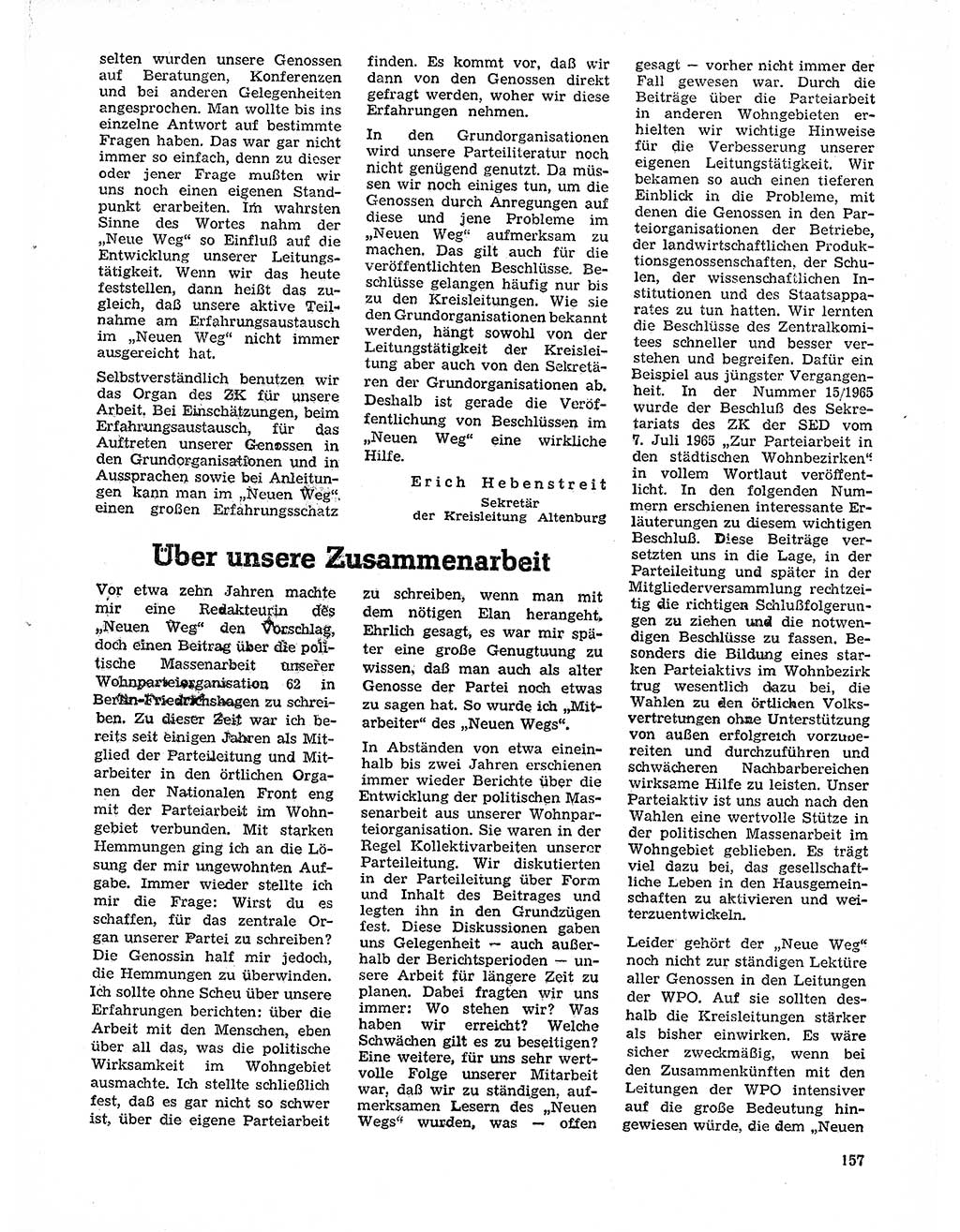 Neuer Weg (NW), Organ des Zentralkomitees (ZK) der SED (Sozialistische Einheitspartei Deutschlands) für Fragen des Parteilebens, 21. Jahrgang [Deutsche Demokratische Republik (DDR)] 1966, Seite 157 (NW ZK SED DDR 1966, S. 157)
