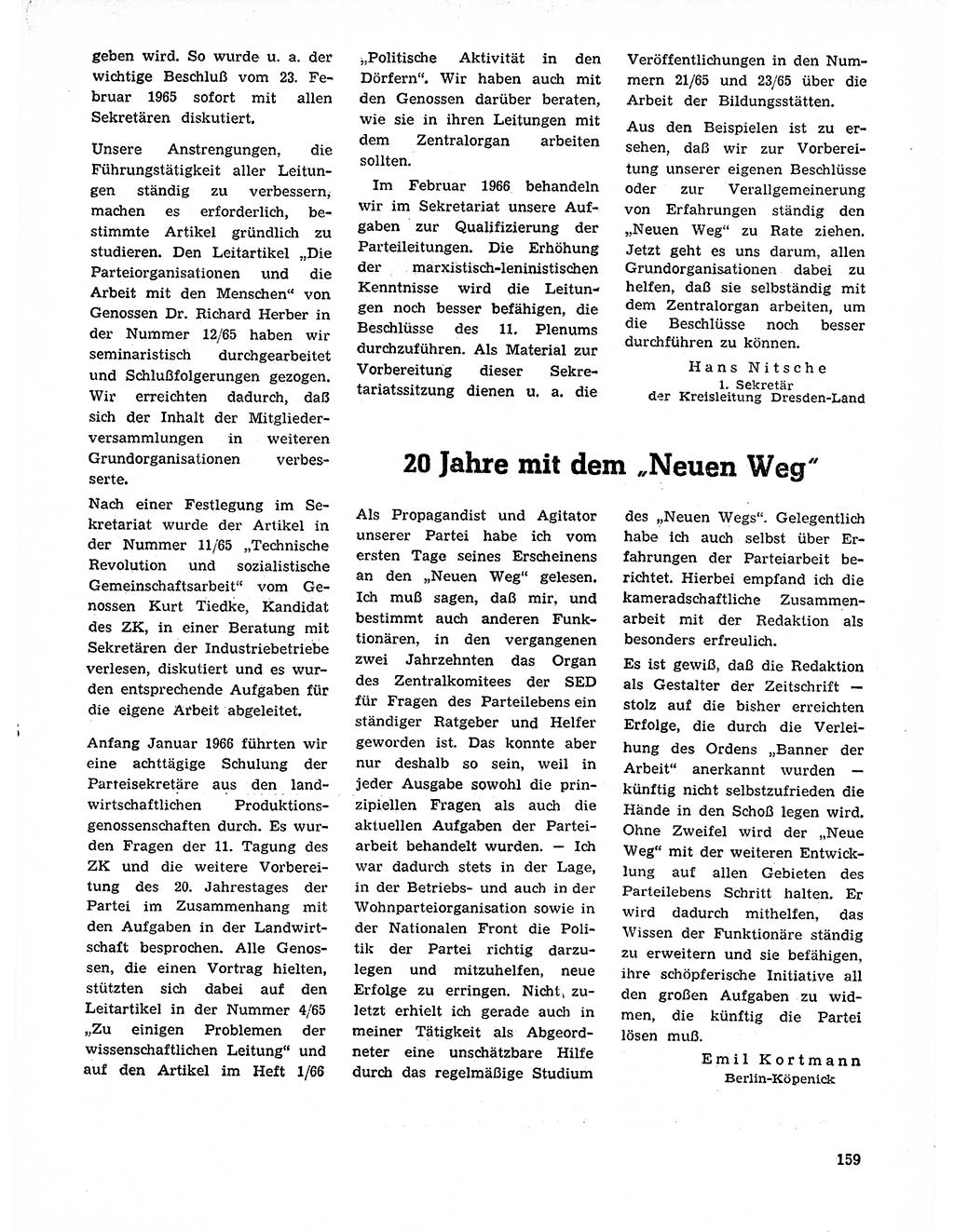 Neuer Weg (NW), Organ des Zentralkomitees (ZK) der SED (Sozialistische Einheitspartei Deutschlands) für Fragen des Parteilebens, 21. Jahrgang [Deutsche Demokratische Republik (DDR)] 1966, Seite 159 (NW ZK SED DDR 1966, S. 159)