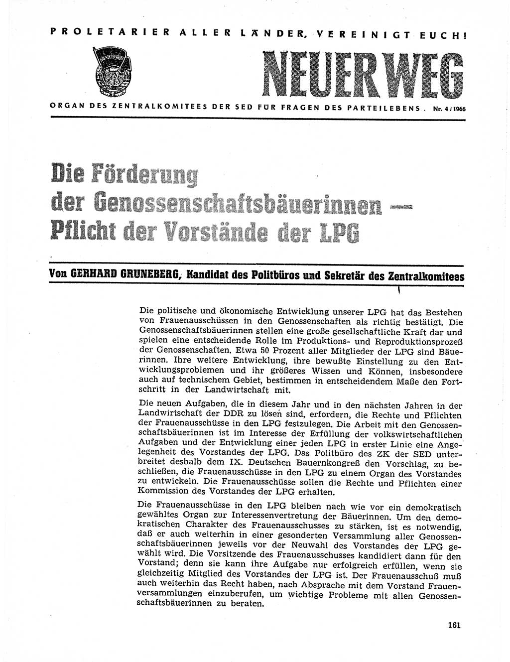 Neuer Weg (NW), Organ des Zentralkomitees (ZK) der SED (Sozialistische Einheitspartei Deutschlands) für Fragen des Parteilebens, 21. Jahrgang [Deutsche Demokratische Republik (DDR)] 1966, Seite 161 (NW ZK SED DDR 1966, S. 161)