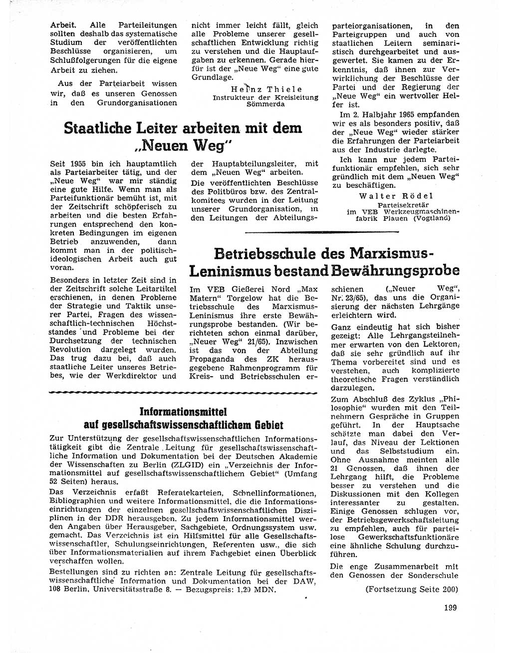 Neuer Weg (NW), Organ des Zentralkomitees (ZK) der SED (Sozialistische Einheitspartei Deutschlands) für Fragen des Parteilebens, 21. Jahrgang [Deutsche Demokratische Republik (DDR)] 1966, Seite 199 (NW ZK SED DDR 1966, S. 199)