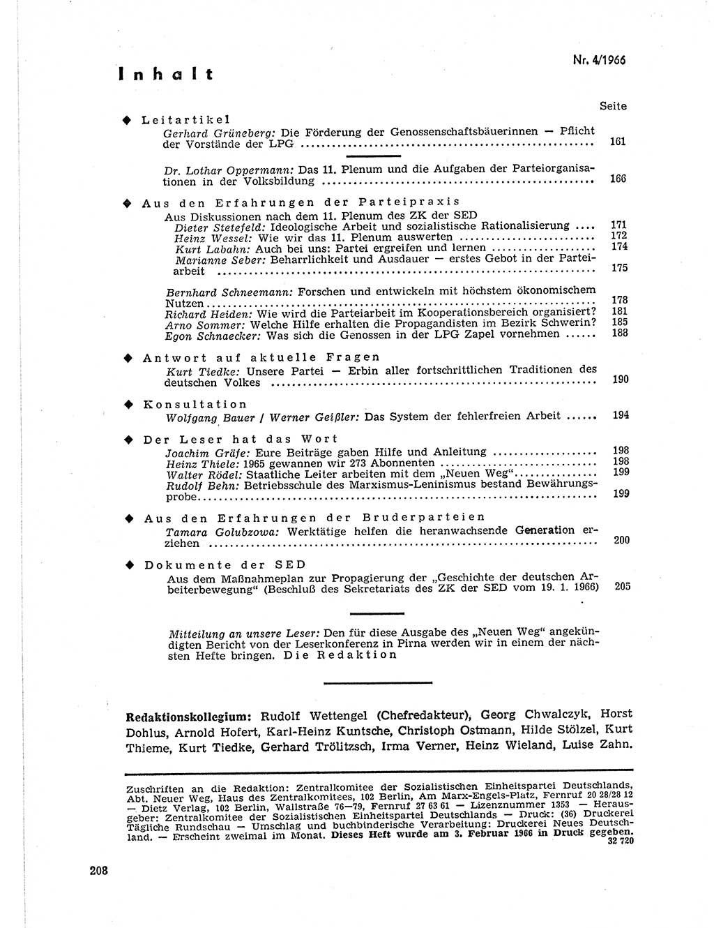 Neuer Weg (NW), Organ des Zentralkomitees (ZK) der SED (Sozialistische Einheitspartei Deutschlands) fÃ¼r Fragen des Parteilebens, 21. Jahrgang [Deutsche Demokratische Republik (DDR)] 1966, Seite 208 (NW ZK SED DDR 1966, S. 208)