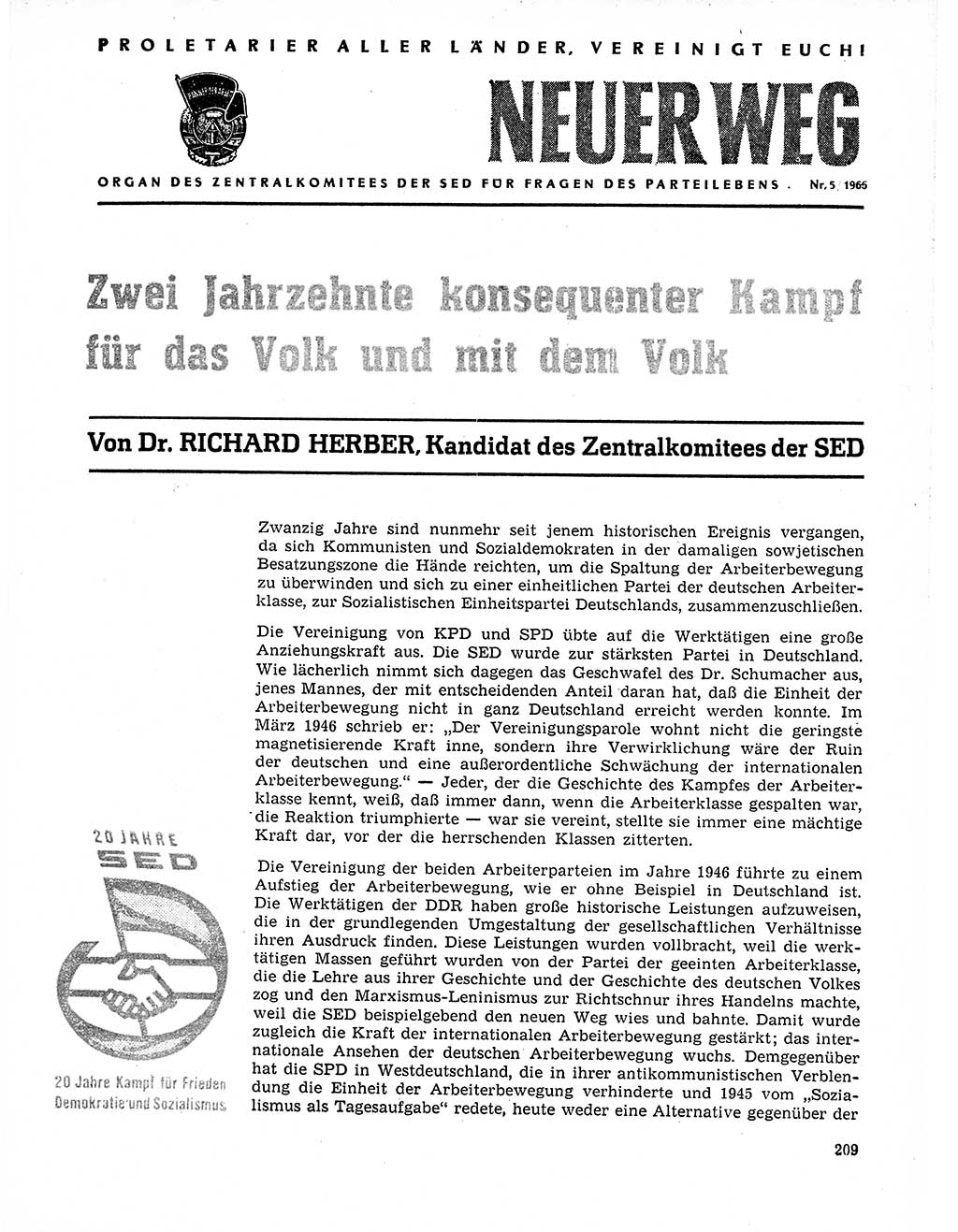 Neuer Weg (NW), Organ des Zentralkomitees (ZK) der SED (Sozialistische Einheitspartei Deutschlands) für Fragen des Parteilebens, 21. Jahrgang [Deutsche Demokratische Republik (DDR)] 1966, Seite 209 (NW ZK SED DDR 1966, S. 209)