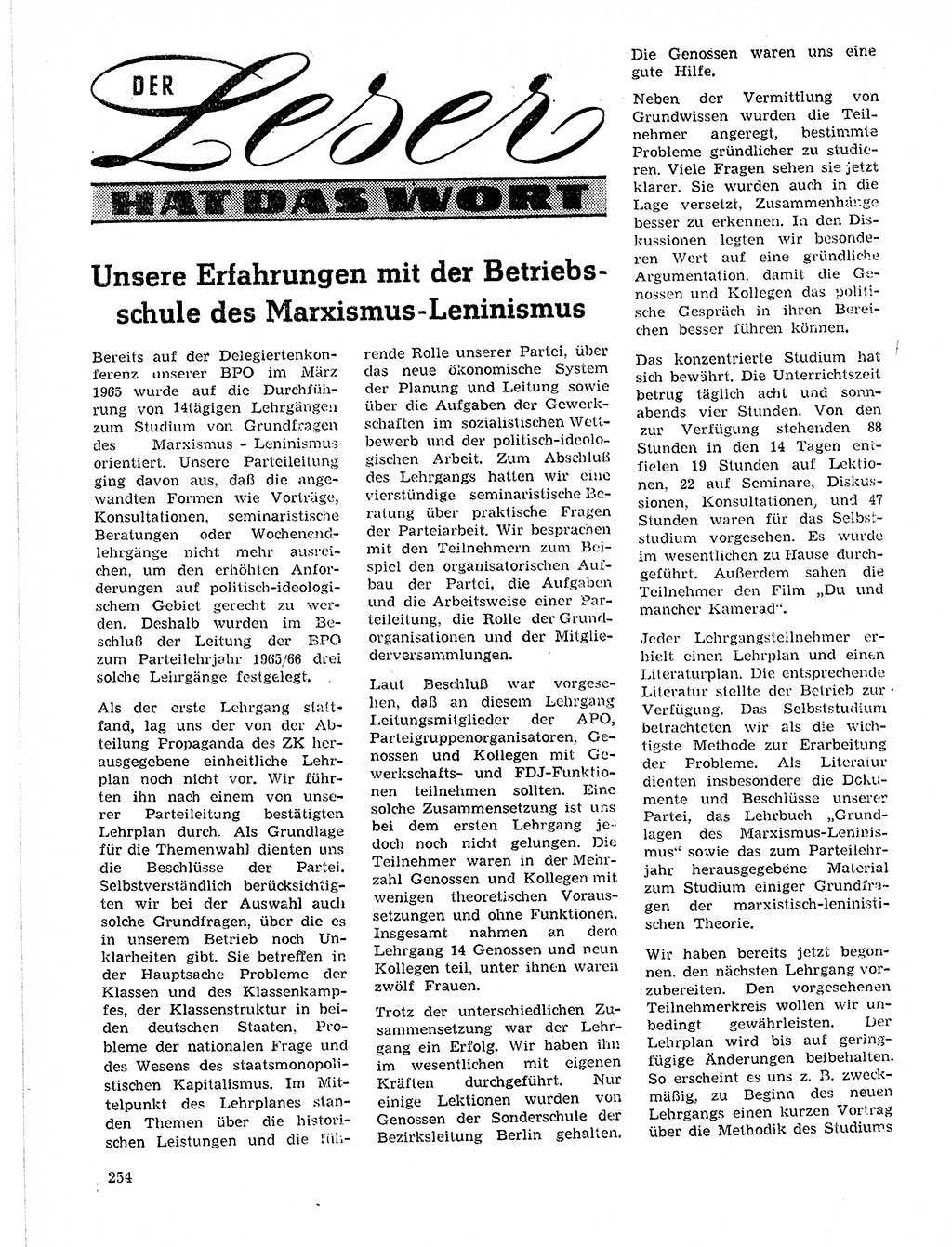 Neuer Weg (NW), Organ des Zentralkomitees (ZK) der SED (Sozialistische Einheitspartei Deutschlands) für Fragen des Parteilebens, 21. Jahrgang [Deutsche Demokratische Republik (DDR)] 1966, Seite 254 (NW ZK SED DDR 1966, S. 254)