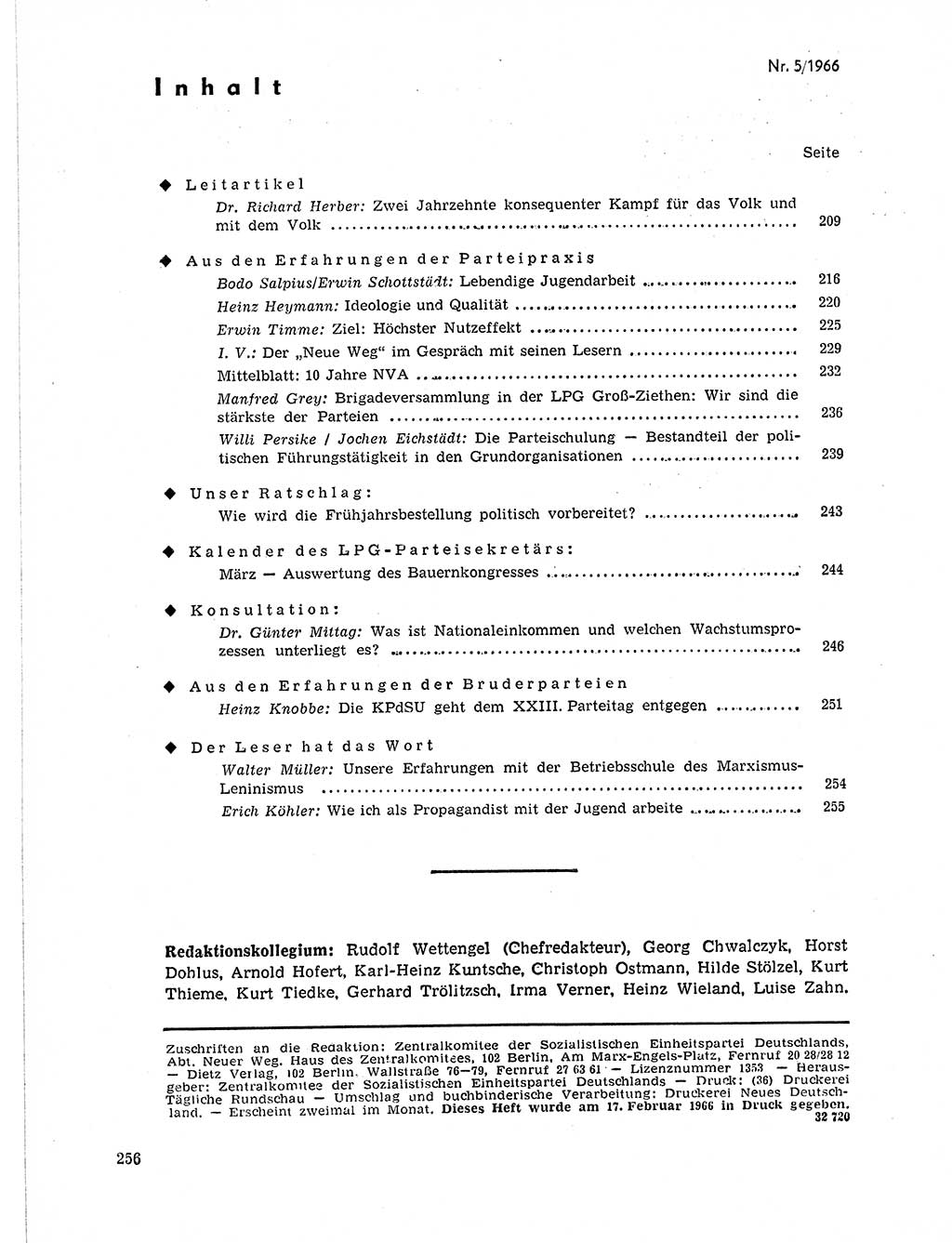 Neuer Weg (NW), Organ des Zentralkomitees (ZK) der SED (Sozialistische Einheitspartei Deutschlands) für Fragen des Parteilebens, 21. Jahrgang [Deutsche Demokratische Republik (DDR)] 1966, Seite 256 (NW ZK SED DDR 1966, S. 256)