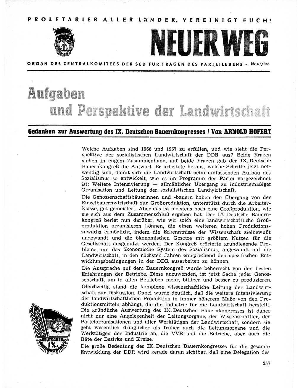 Neuer Weg (NW), Organ des Zentralkomitees (ZK) der SED (Sozialistische Einheitspartei Deutschlands) für Fragen des Parteilebens, 21. Jahrgang [Deutsche Demokratische Republik (DDR)] 1966, Seite 257 (NW ZK SED DDR 1966, S. 257)