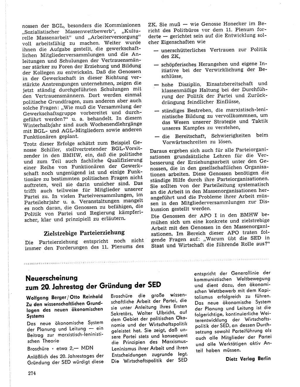 Neuer Weg (NW), Organ des Zentralkomitees (ZK) der SED (Sozialistische Einheitspartei Deutschlands) für Fragen des Parteilebens, 21. Jahrgang [Deutsche Demokratische Republik (DDR)] 1966, Seite 274 (NW ZK SED DDR 1966, S. 274)