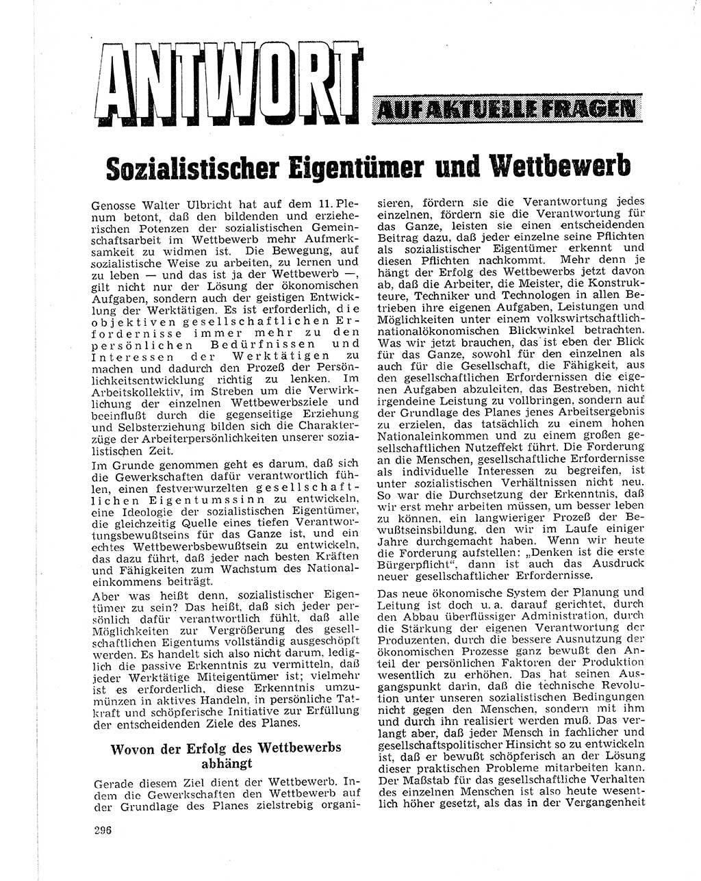 Neuer Weg (NW), Organ des Zentralkomitees (ZK) der SED (Sozialistische Einheitspartei Deutschlands) für Fragen des Parteilebens, 21. Jahrgang [Deutsche Demokratische Republik (DDR)] 1966, Seite 296 (NW ZK SED DDR 1966, S. 296)