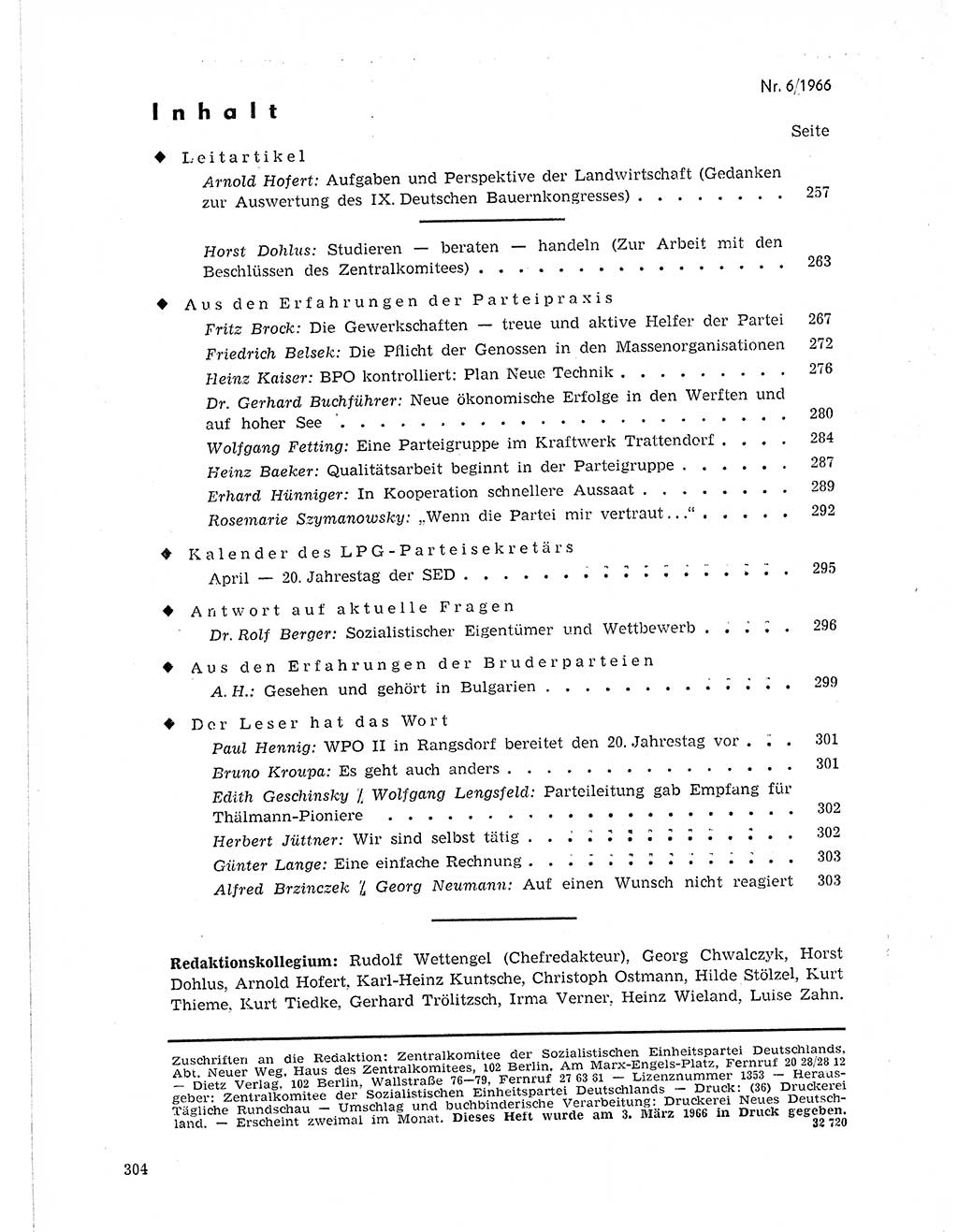 Neuer Weg (NW), Organ des Zentralkomitees (ZK) der SED (Sozialistische Einheitspartei Deutschlands) für Fragen des Parteilebens, 21. Jahrgang [Deutsche Demokratische Republik (DDR)] 1966, Seite 304 (NW ZK SED DDR 1966, S. 304)